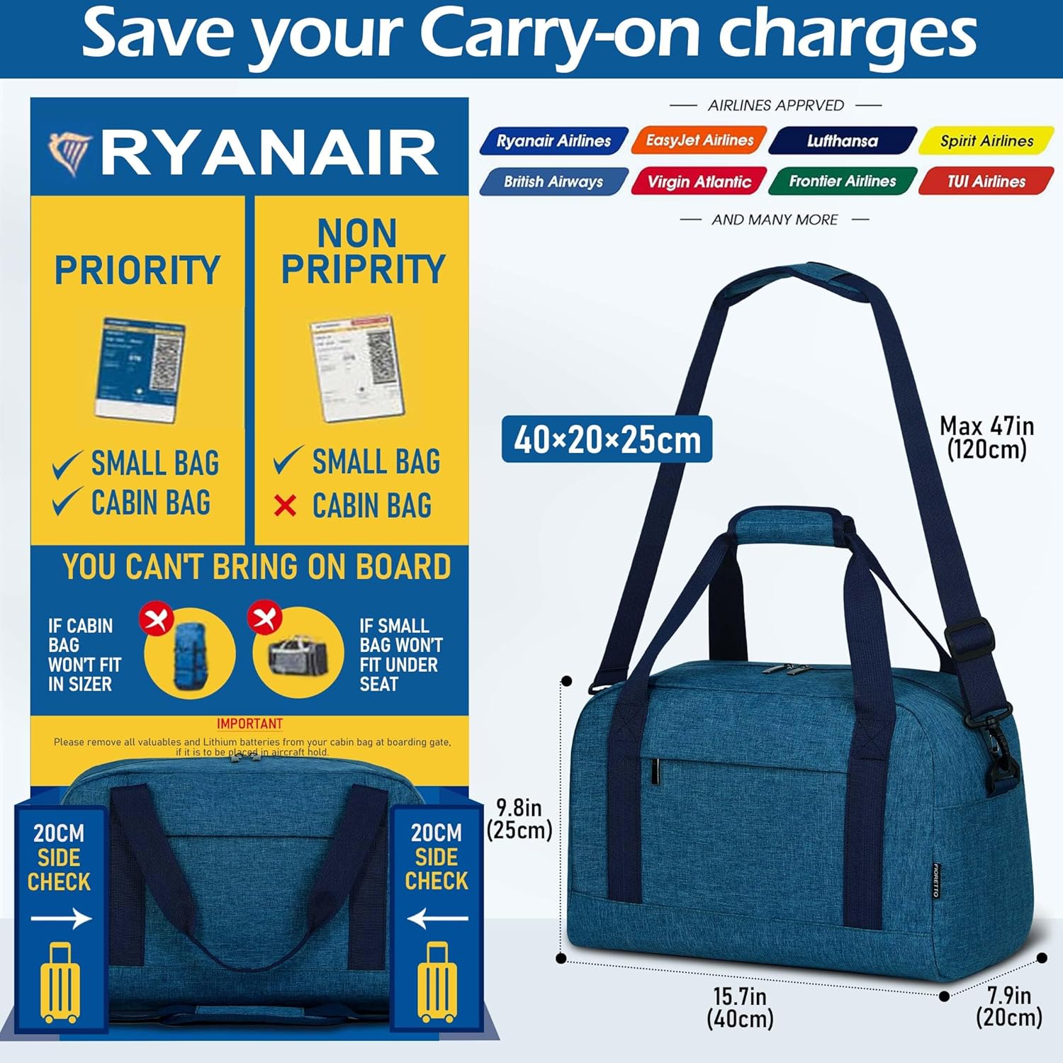 Detalle de FIORETTO Travel Underseat Bag 20L, 40x20x25