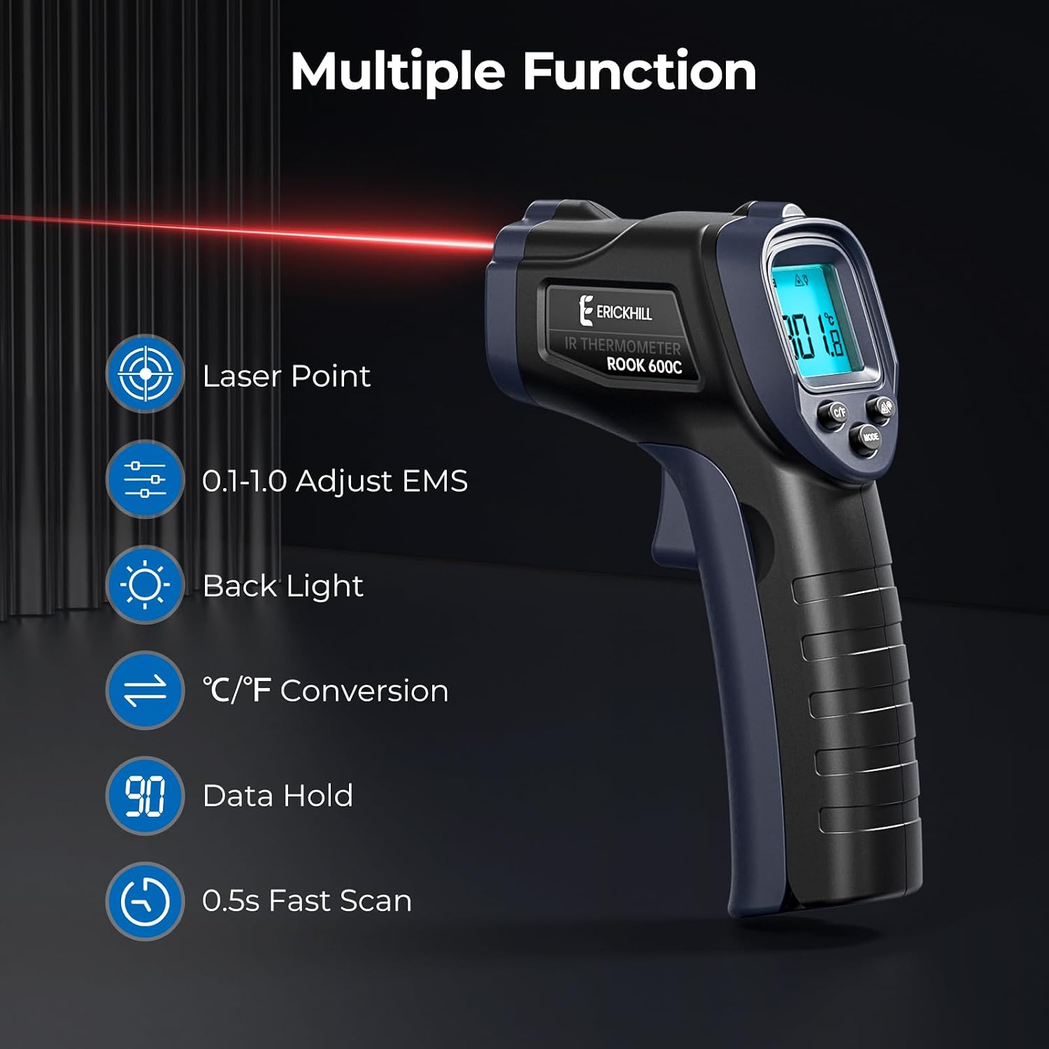 Thumbnail 1 de ERICKHILL Infrared Thermometer (Non-Contact) -50°C to 600°C, Laser Aim, LCD Backlit Display