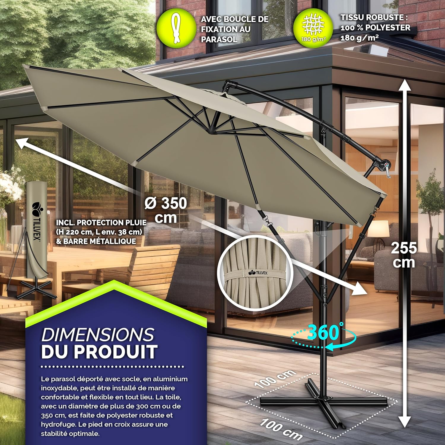 Thumbnail 4 de Tillvex Parasol déporté hexagonal 3M avec manivelle - Aluminium, pied robuste et housse imperméable