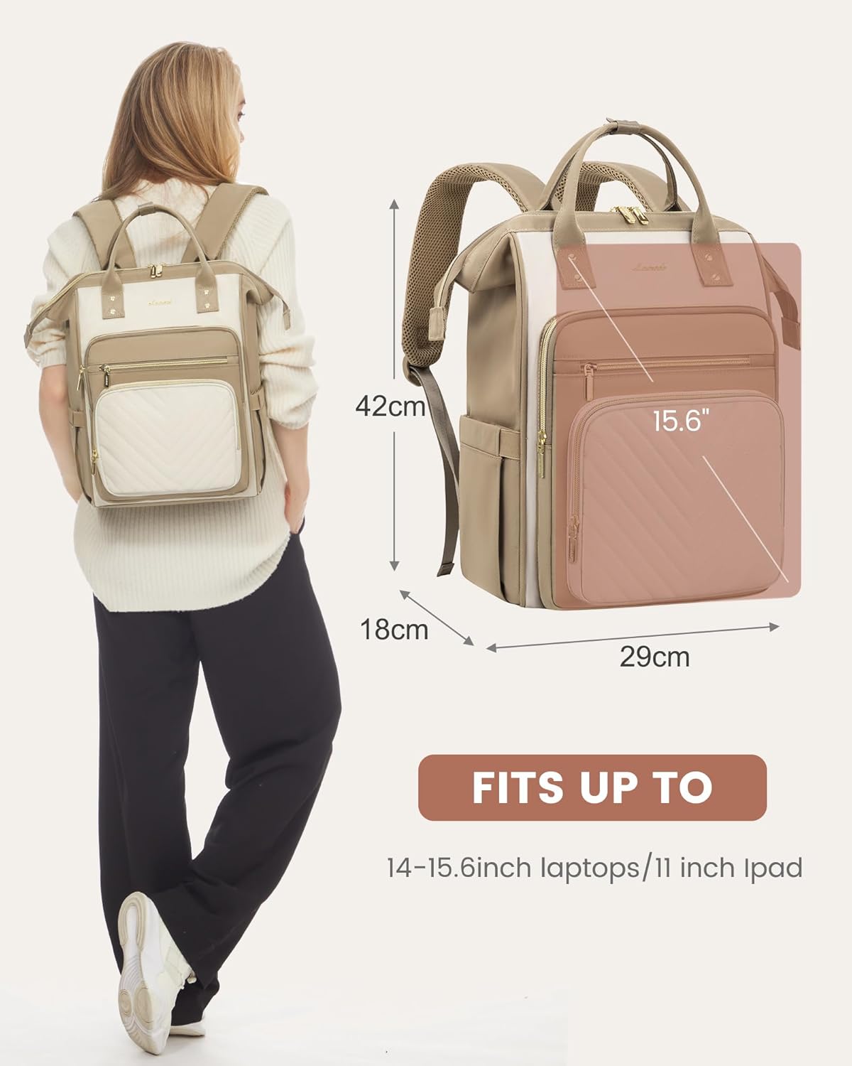 Detalle de LOVEVOOK Sac à dos portable pour femme – A-kaki et beige, 15,6 Zoll, décontracté