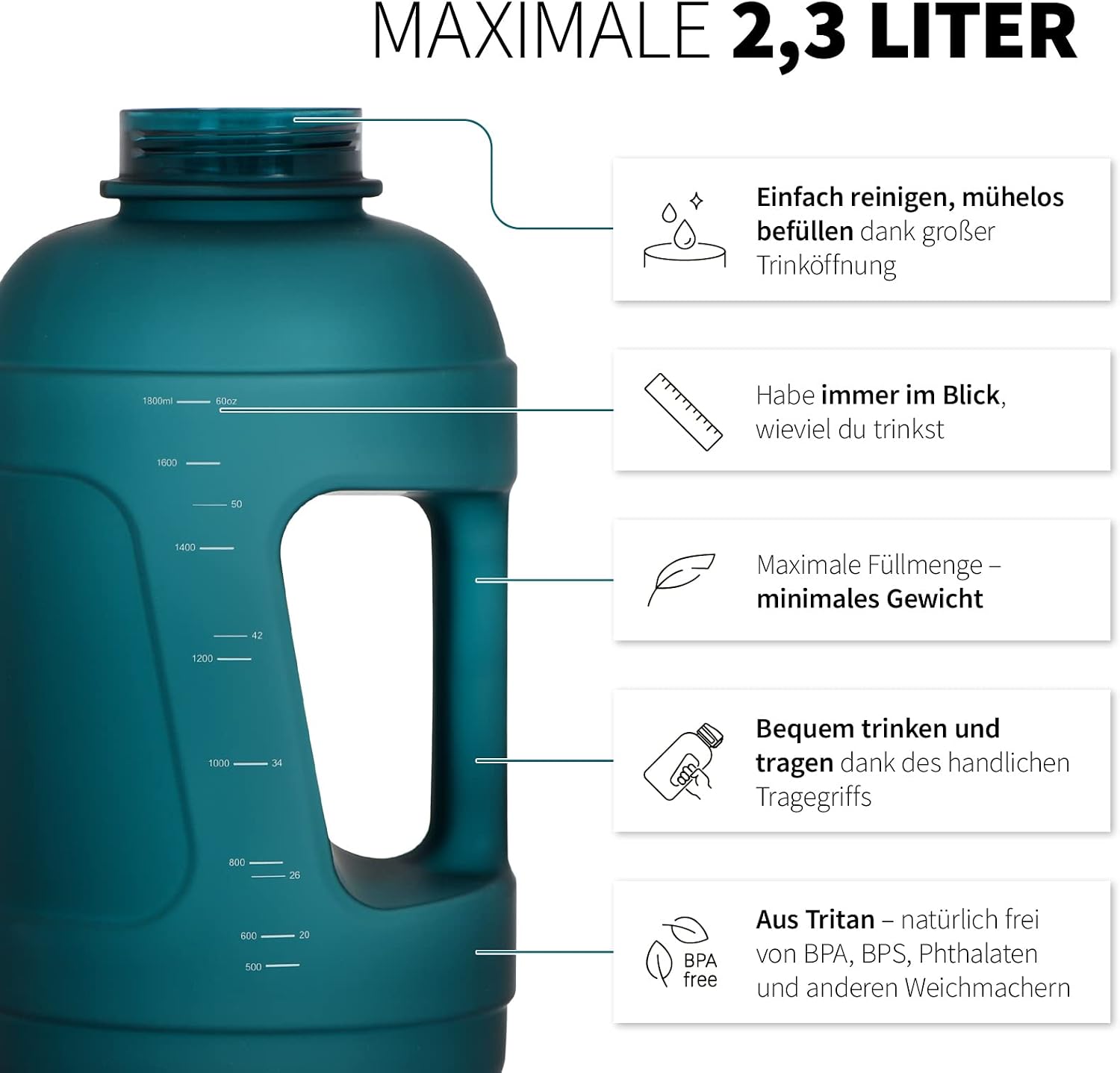 Detalle 2 de 720°DGREE Fitness uberBottle Jug 2300 ml avec poignée – gourde XXL softTouch, anti-fuite, sans BPA