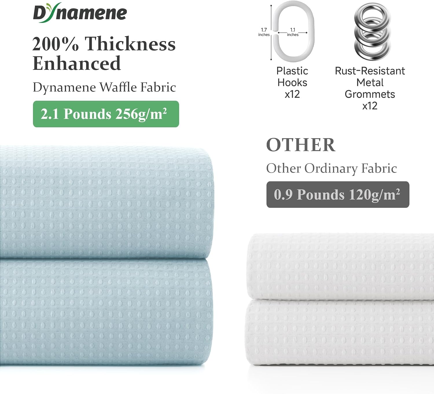 Detalle 2 de Dynamene Fog Blue Waffle-Weave Fabric Shower Curtain, 256 GSM, Weighted Hem