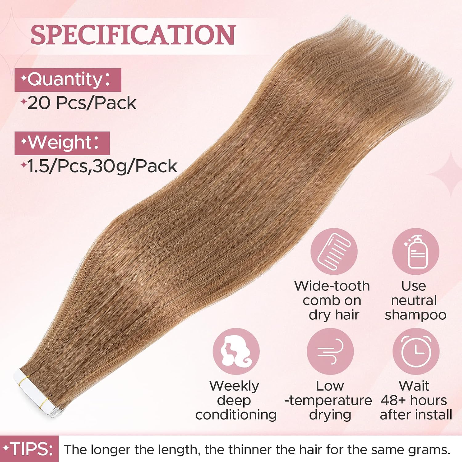 Thumbnail 4 de SEGO Extension Bande Adhésive Naturel Lisse Léger — 20 pièces, 30–55 cm (Marron Clair)