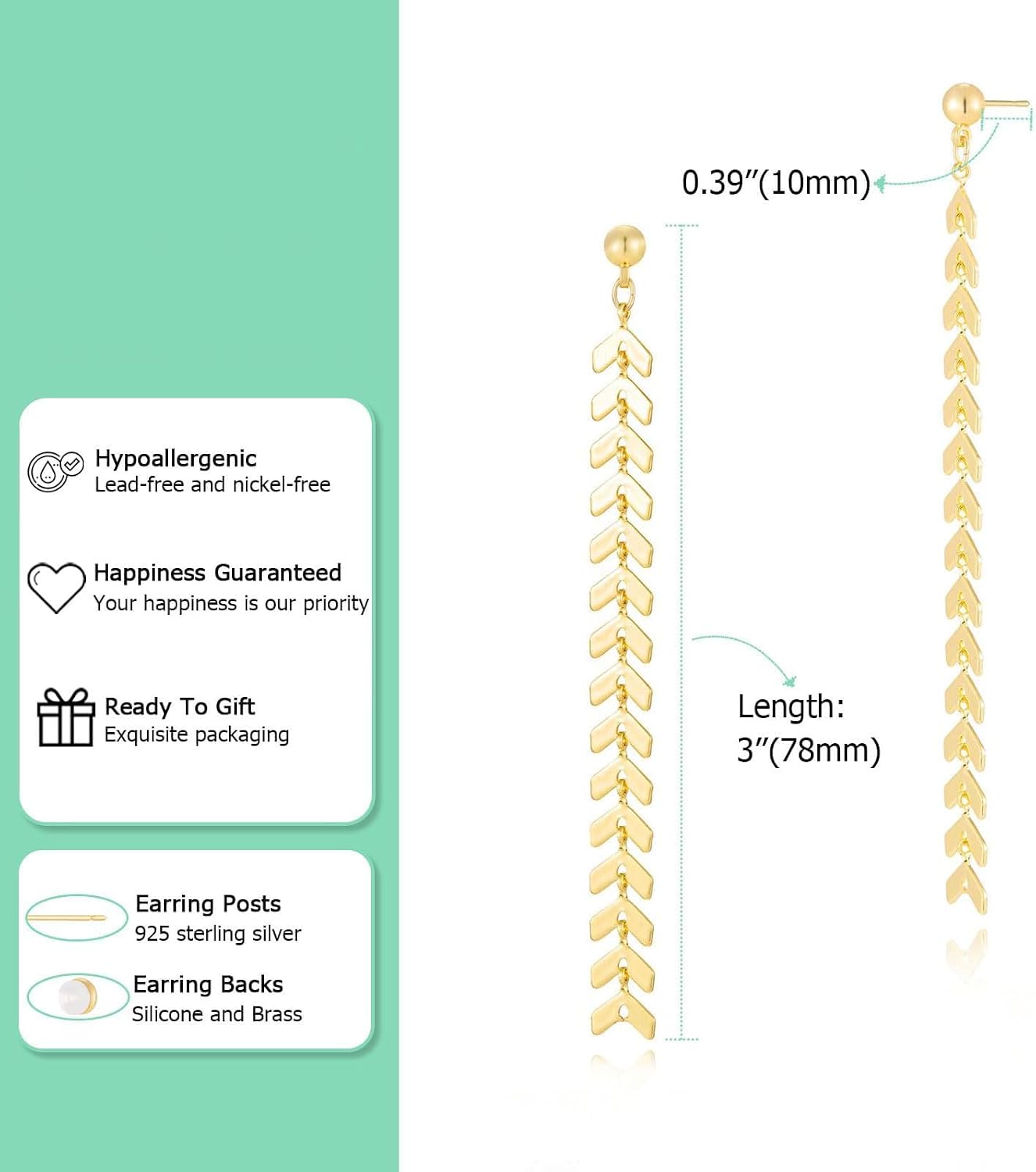 Detalle 2 de HANLI Gold Dangle Earrings for Women – S925 Sterling Silver Hyde Drop Jewellery