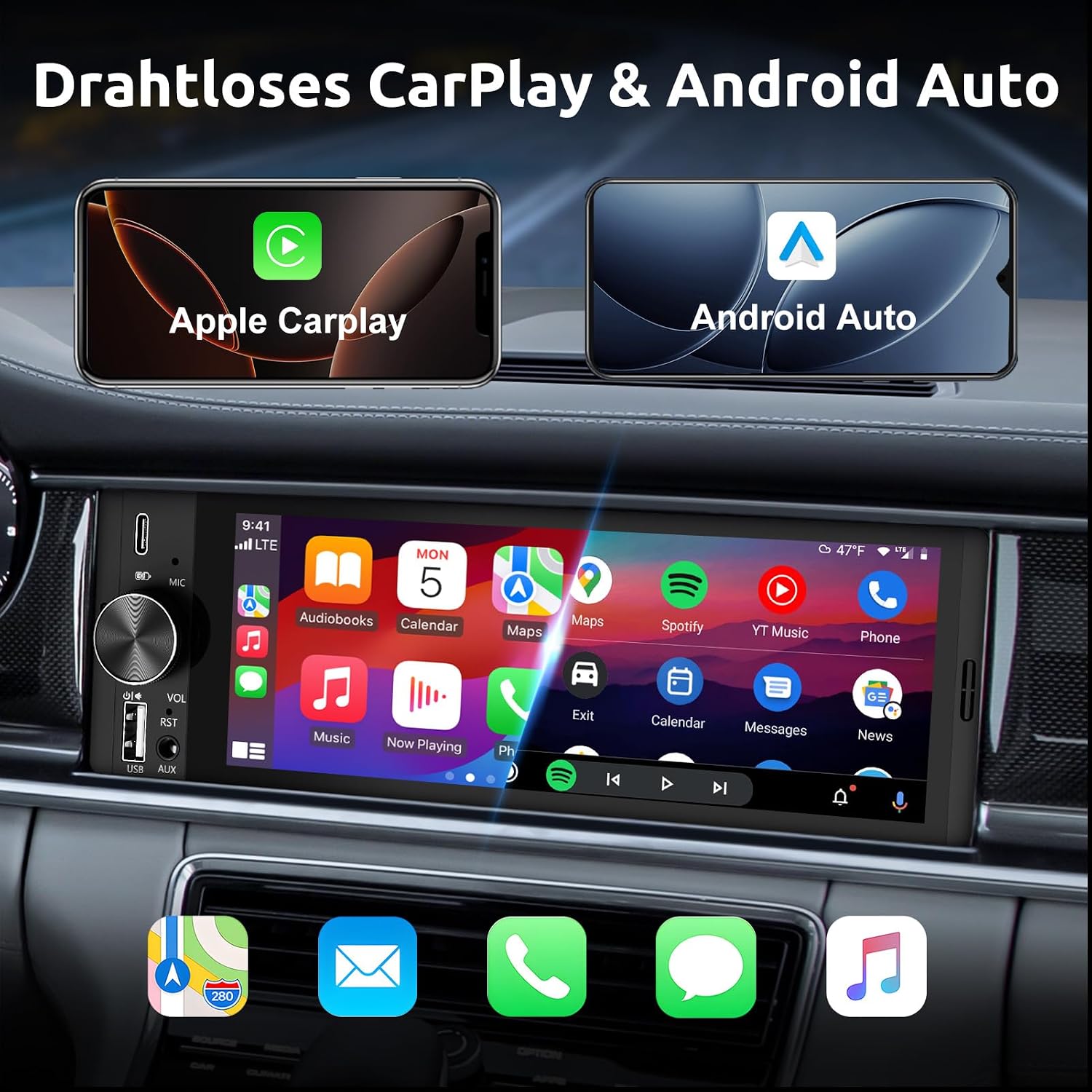 Detalle de ESSGOO 6,36 Zoll 1-DIN Autoradio mit Wireless CarPlay und Android Auto
