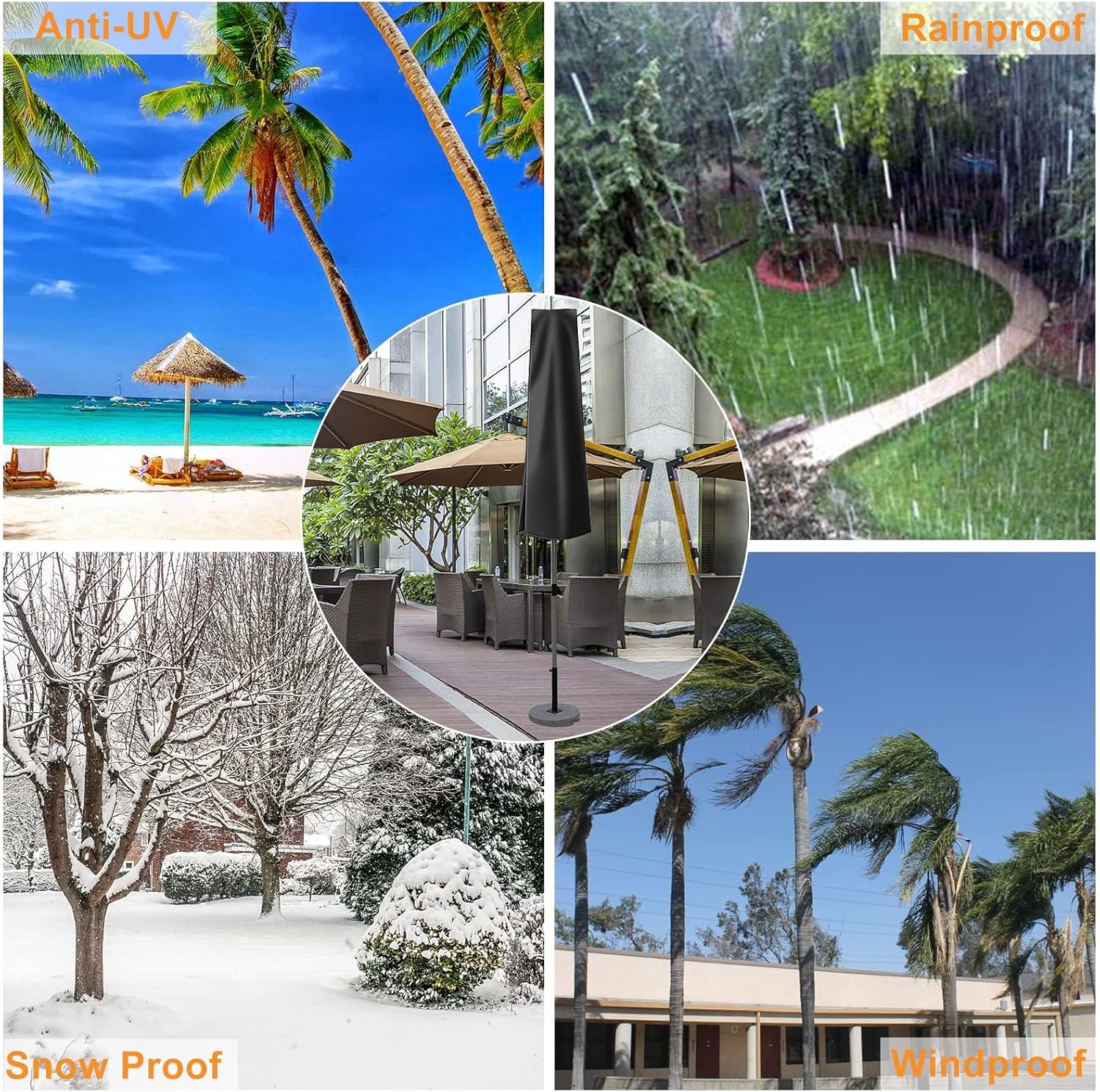 Detalle 2 de OKPOW 600D Oxford waterproof patio umbrella cover with zip – for ~Ø 300 cm offset umbrellas, black