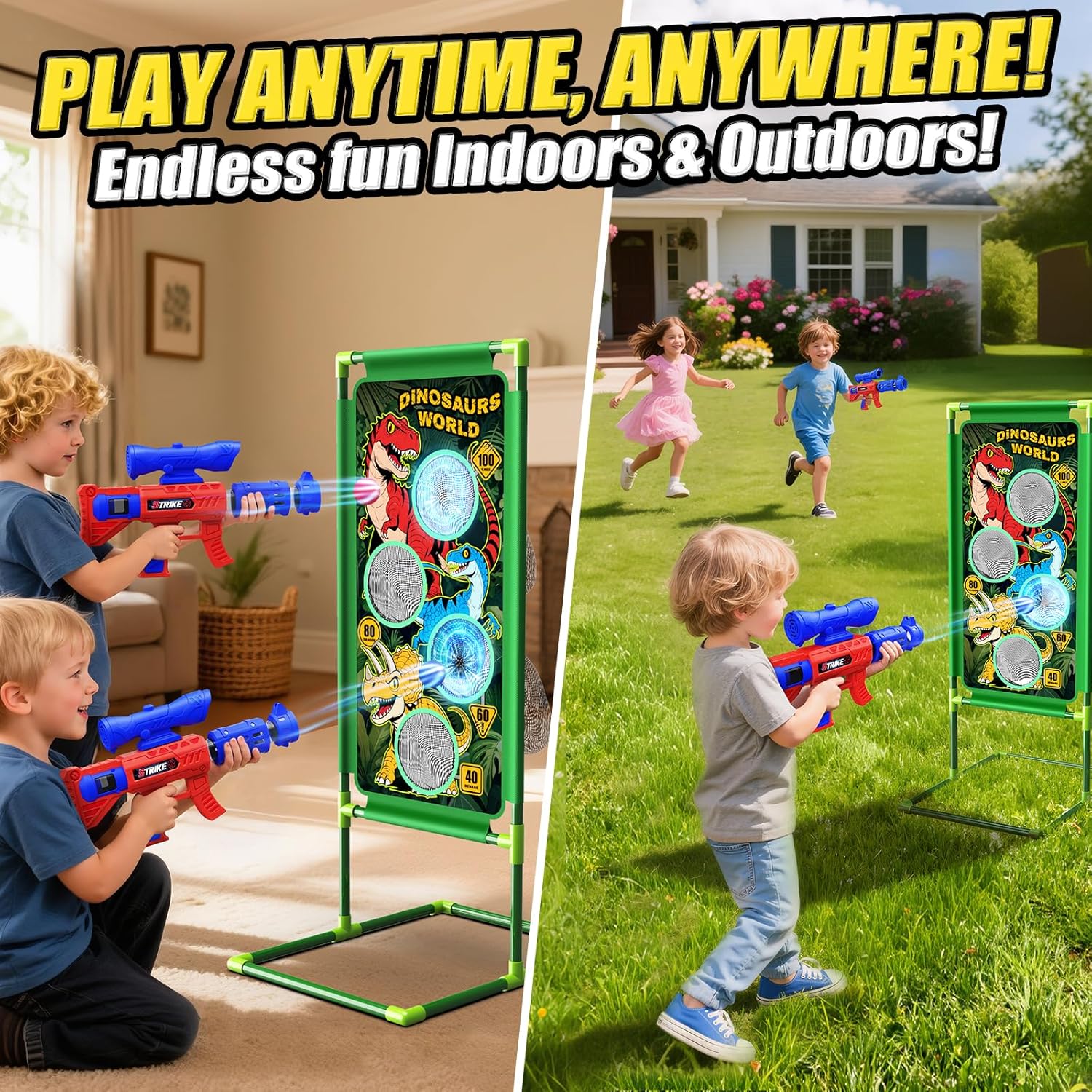 Detalle de Dinosaur Shooting Game Toys: 2 Air Pump Launchers With Foam Balls and Target Scoring Points