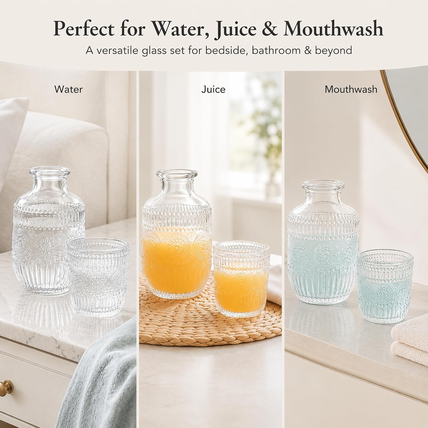 Thumbnail 6 de Kingrol Vintage Bedside Glass Carafe Set, 18 oz with 5 oz Covering Tumblers