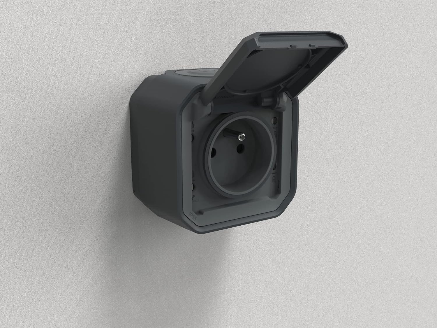 Detalle de Legrand Plexo Prise étanche IP55 avec Terre 2P+T 16A, avec Volet – Pose en apparent, Anthracite