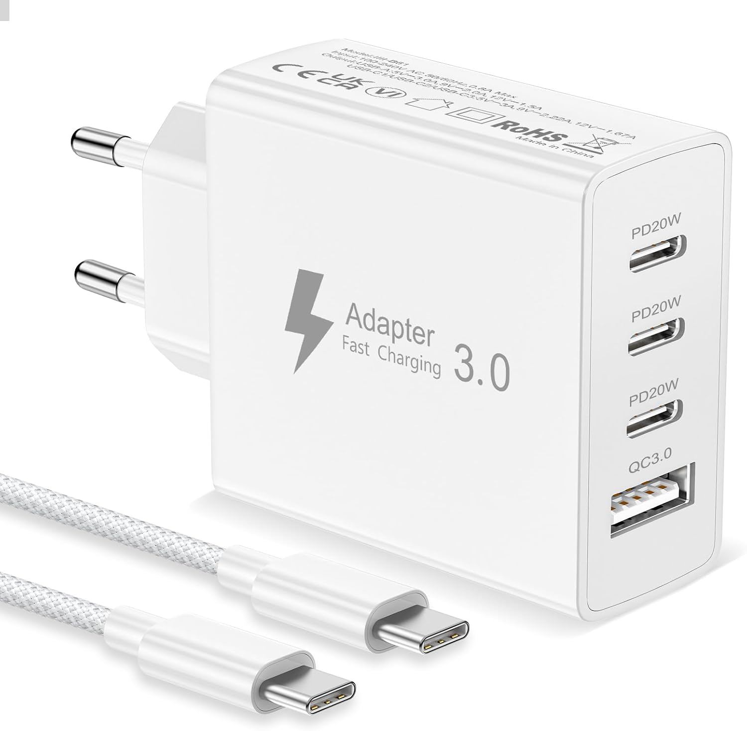 Detalle de EU Travel Adapter Charger: 50W 4-in-1 EU Plug with 3 USB-C and 1 USB-A plus 2m Nylon Cable