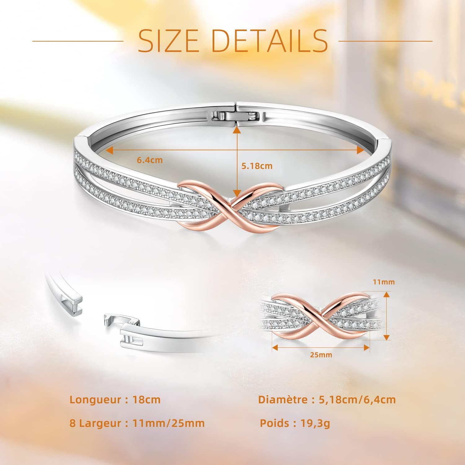 Detalle de Angelady Infinity Bracelet for Women – Rose Gold Plated 14K, Austria Crystal Detail