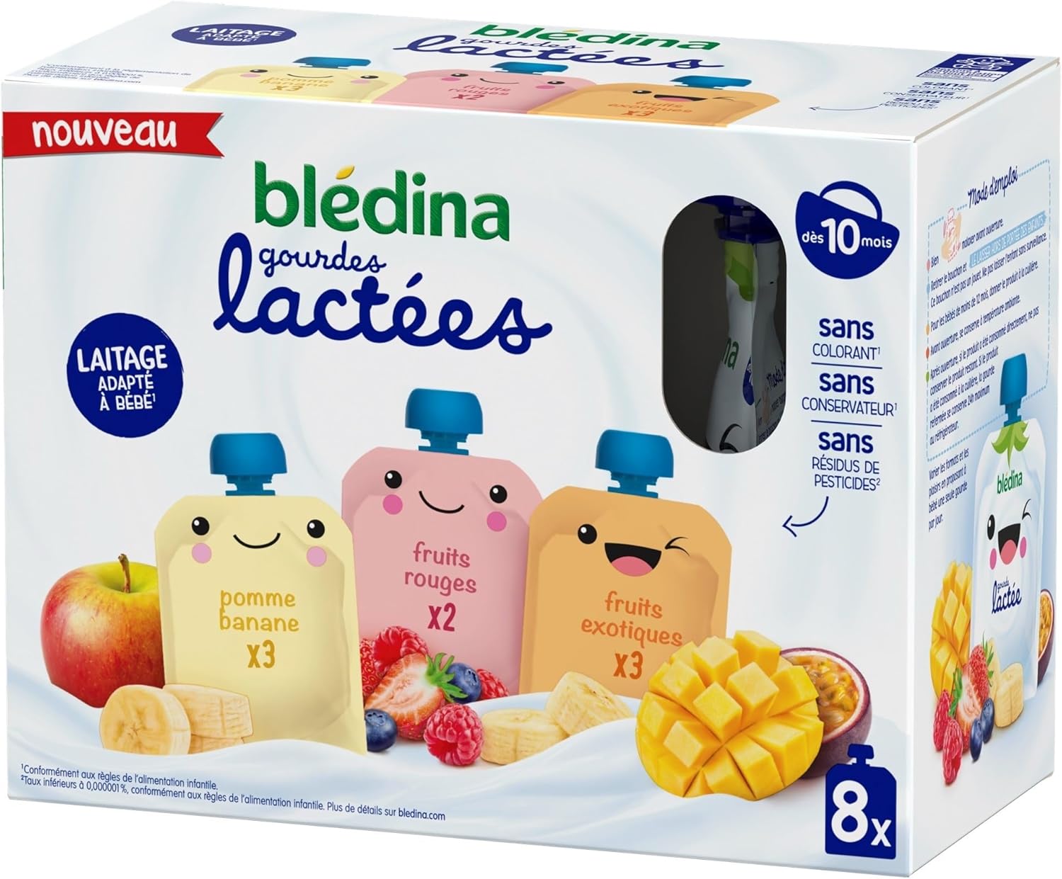 Detalle de BLÉDINA Gourdes lactées aux Fruits Bébé – Fruits Rouges / Pomme Banane / Fruits Exotiques (dès 10 mois) – 4 x 8 x 85 g