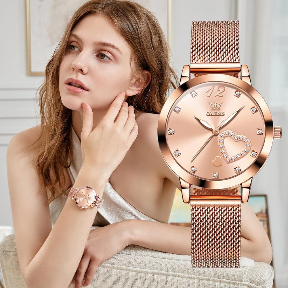 Thumbnail 2 de OLEVS Damenuhr Roségold Herz Diamant Quarz