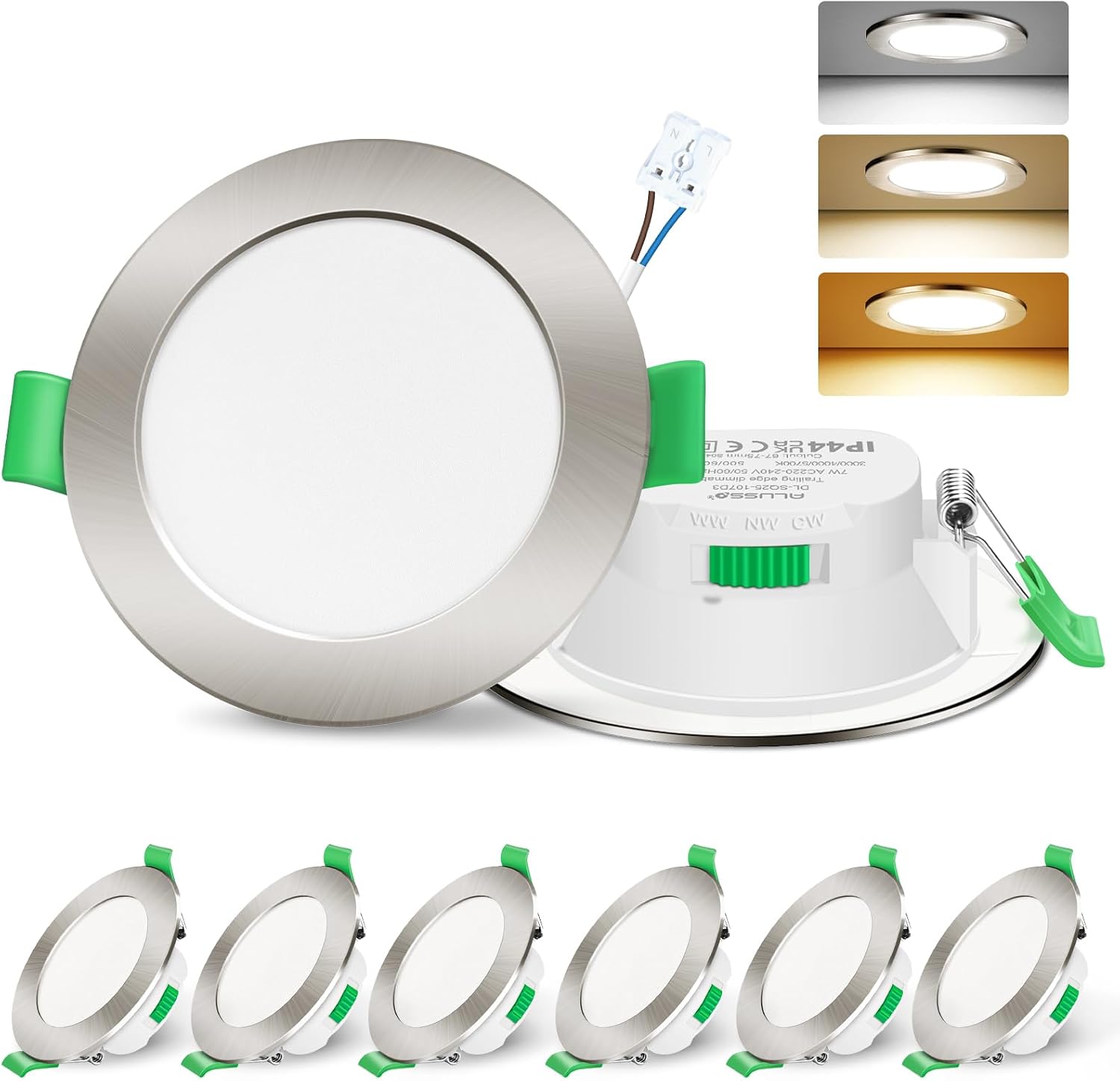 Detalle de ALUSSO LED Einbaustrahler 230V – ultraschlank, dimmbar, 7W, 6er Set, IP44, 3000/4000/6500K – nickel