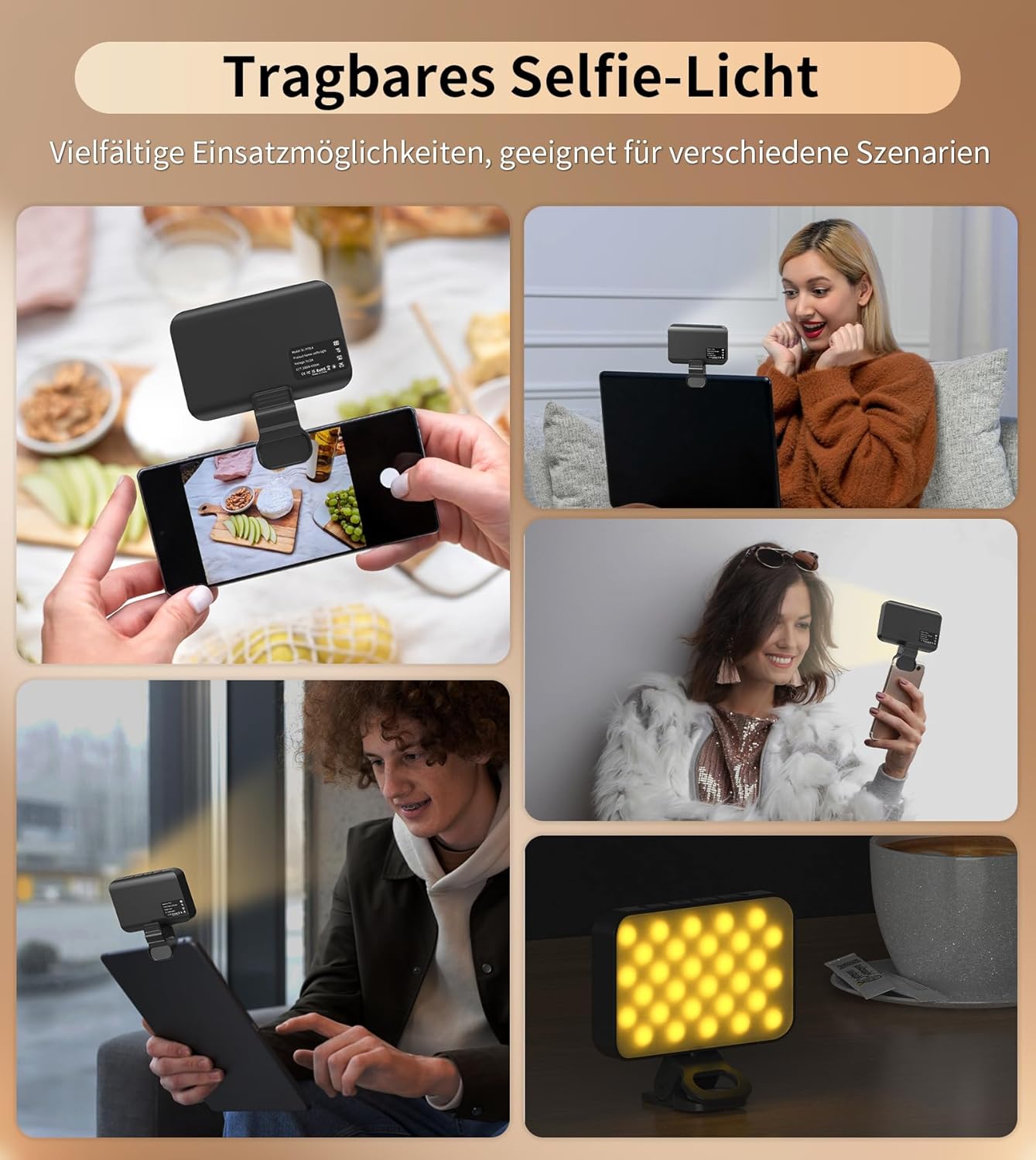 Thumbnail 6 de TONEOF Selfie Licht mit 360° Drehclip – tragbares LED-Blitzlicht fürs Handy, 10 Helligkeitsstufen