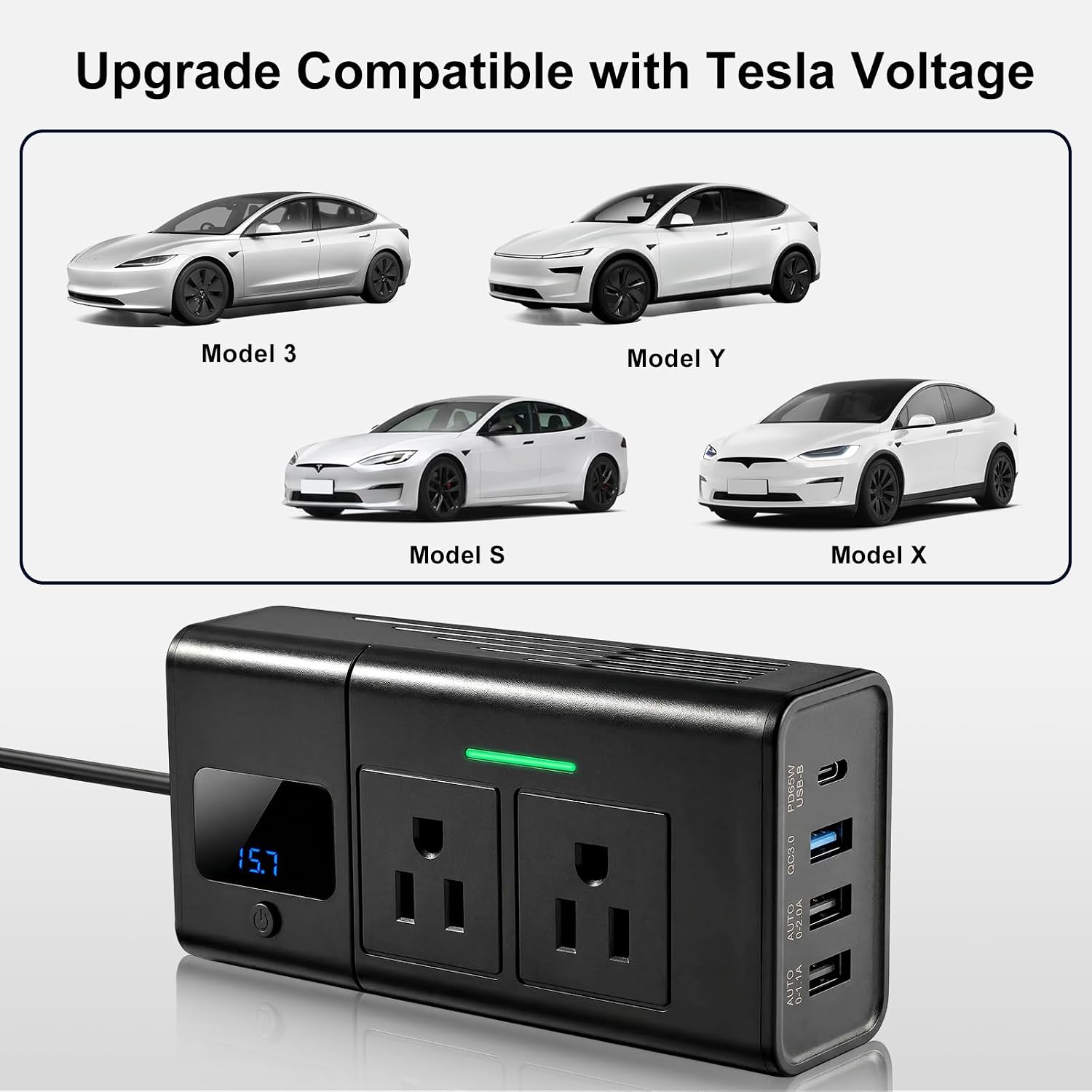 Detalle de HANSSHOW HSTE0317 200W Car Power Inverter with Dual AC Outlets and USB Charging