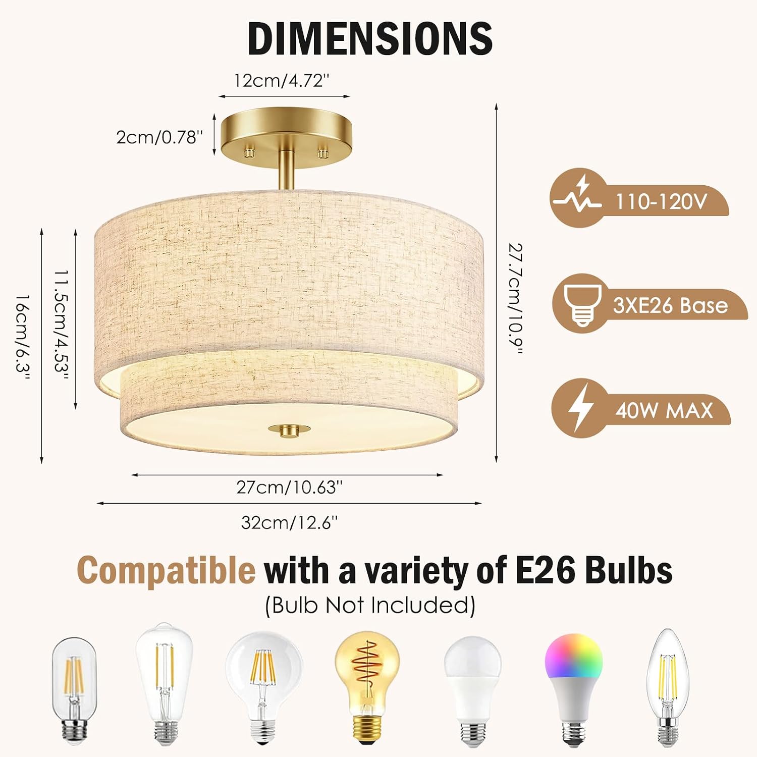 Detalle de Lanburch ceiling light 05 Semi-Flush Mount, 12.6-Inch Linen Shade, 3-Light