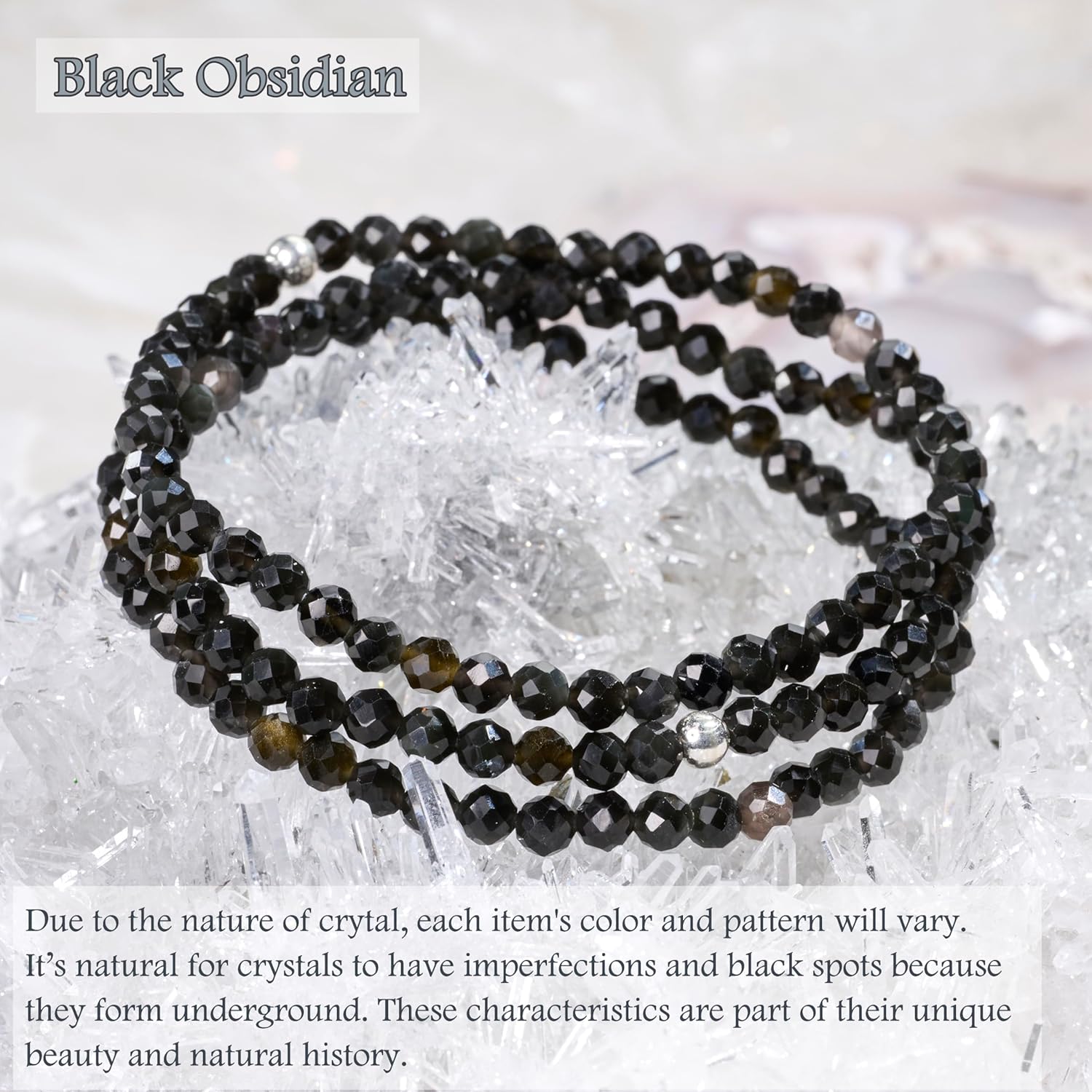 Thumbnail 4 de Farfume 4 mm Edelstein-Perlenarmband mit Schwarzem Obsidian & 925-Silberperle für Damen – elastisch, Chakra/Spiritual Charms