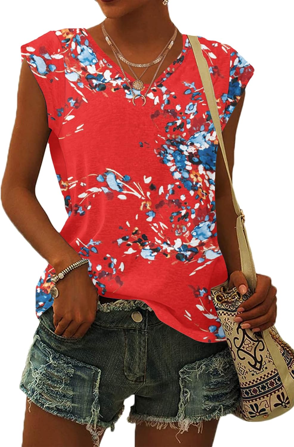 Thumbnail 3 de WNEEDU Damen Sommer T-Shirt mit V-Ausschnitt und Batwing-Ärmeln – Leichtes Tank-Top Shell