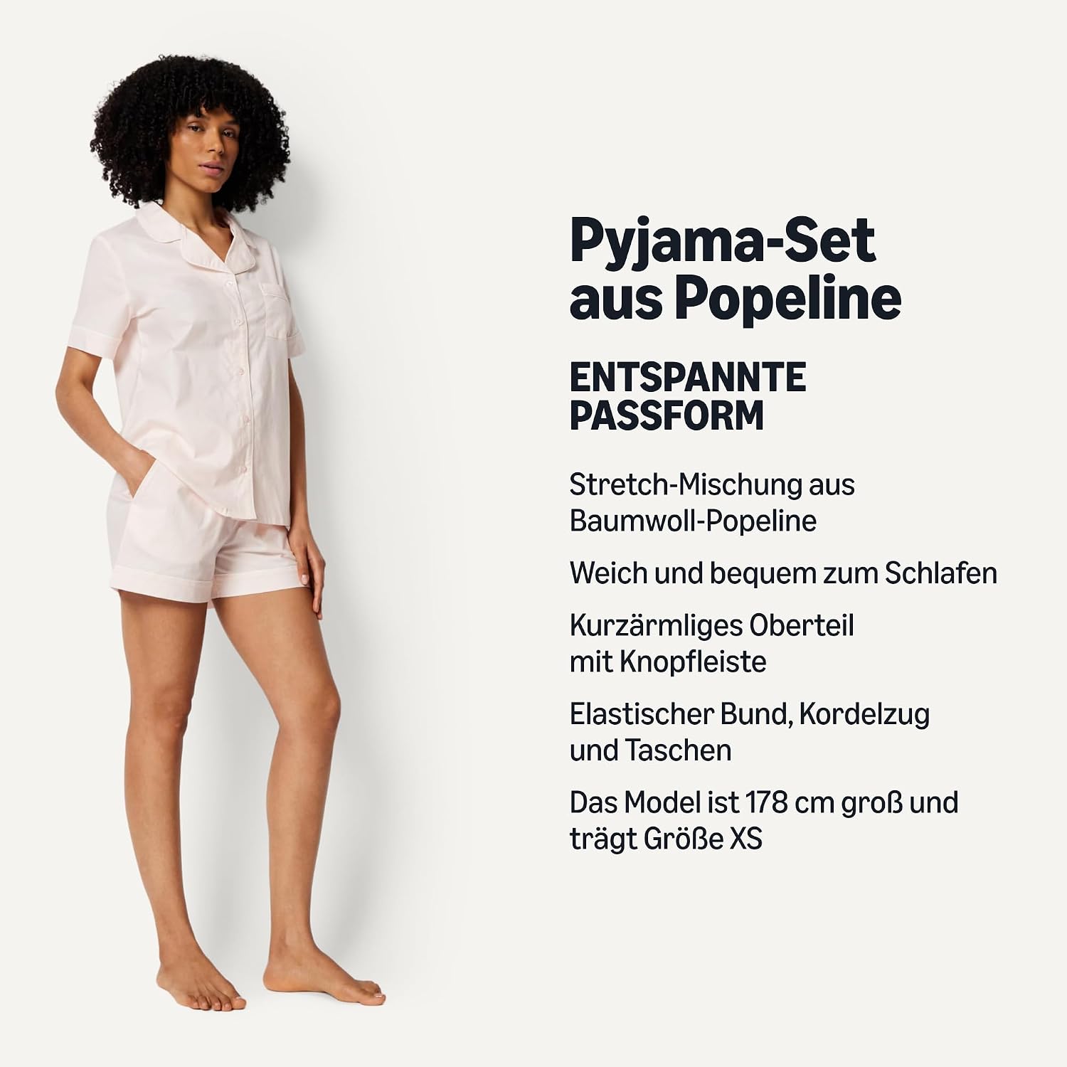 Detalle de Amazon Essentials Damen Schlafanzug aus Baumwoll-Stretch-Popeline – Kurzarm mit Shorts