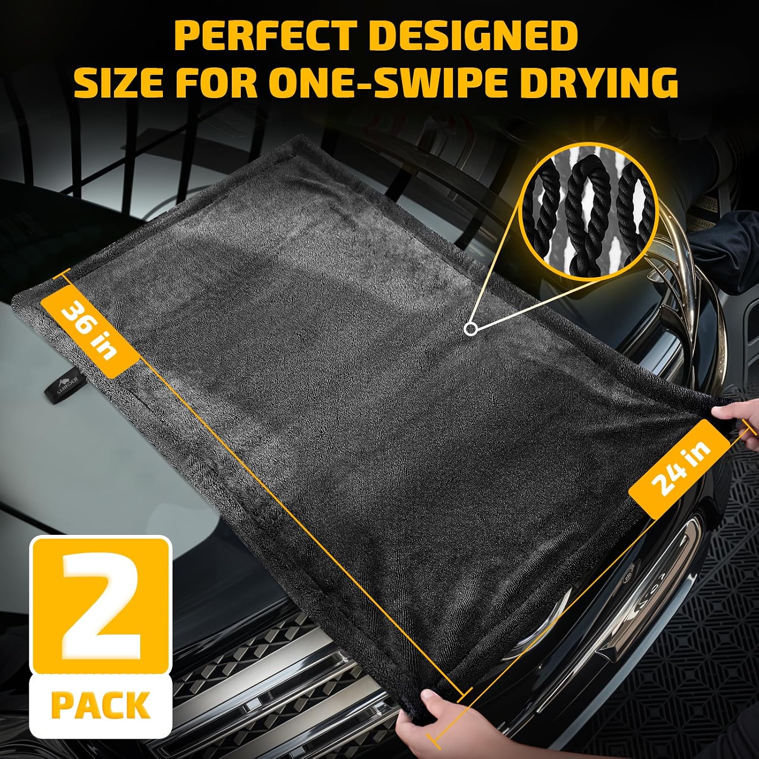 Detalle 2 de SMINDER 2-Pack Car Drying Towels 1200 GSM, 36 x 24 inches - Edgeless, Scratch-Free, Ultra Absorbent Microfiber