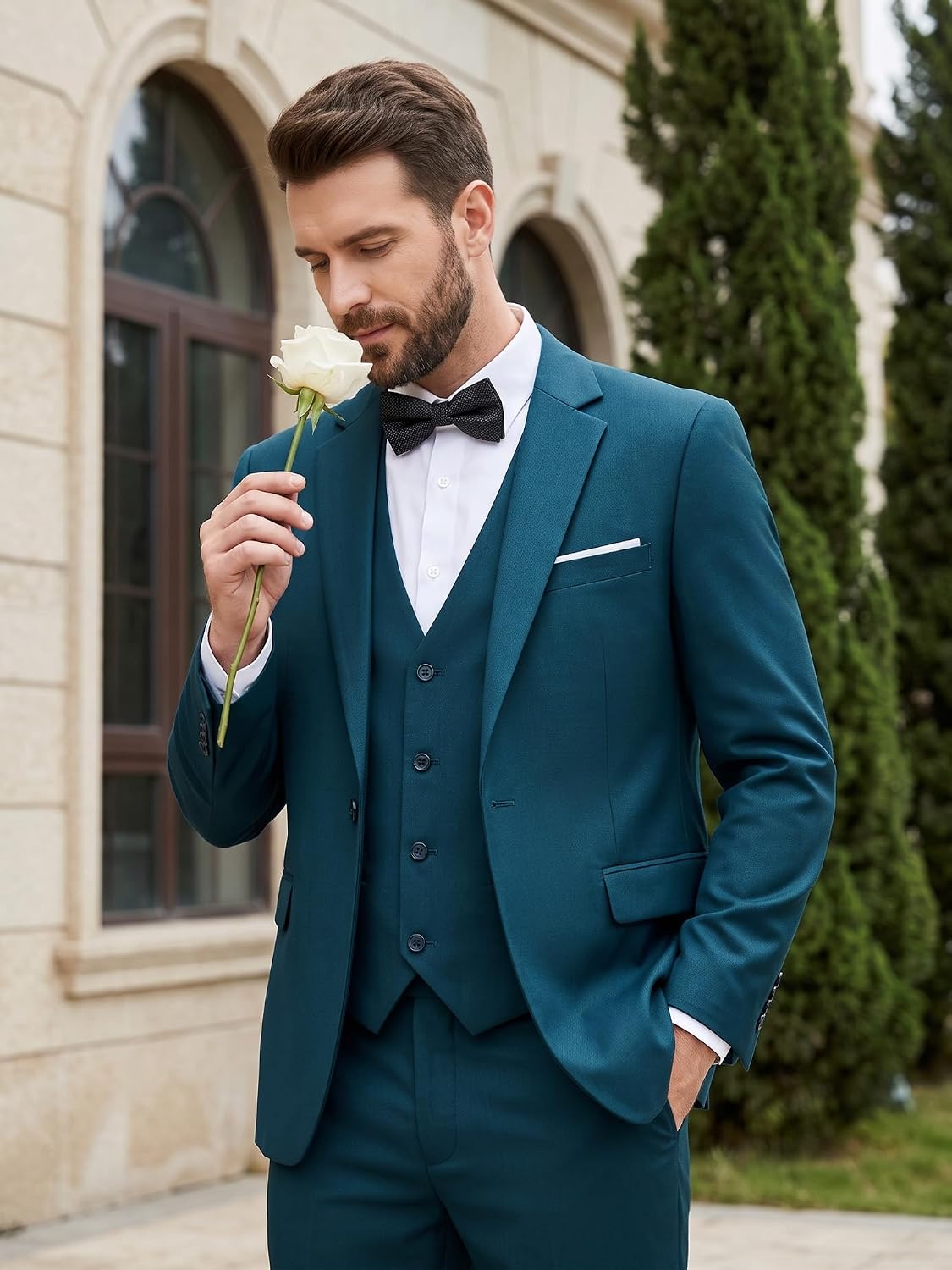 Detalle de MAGE MALE Men's 3-Piece Slim-Fit Suit with One-Button Blazer