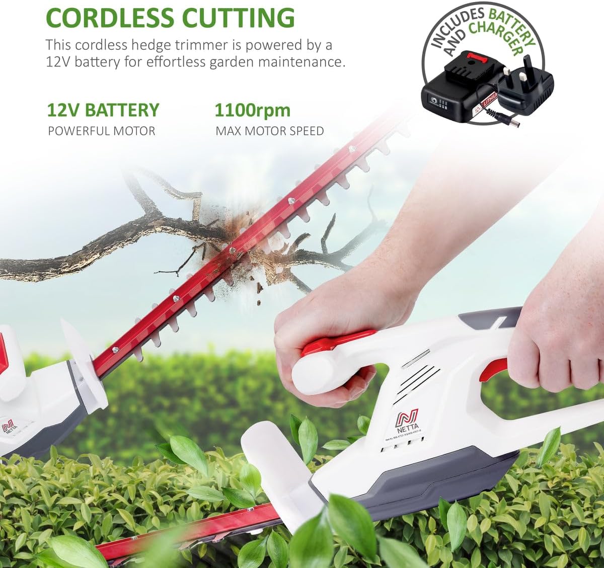 Detalle de NETTA Cordless Hedge Trimmer & Tree Trimmer (Ultra-Light 2kg) with 450mm Laser Blade, 16mm Tooth Opening