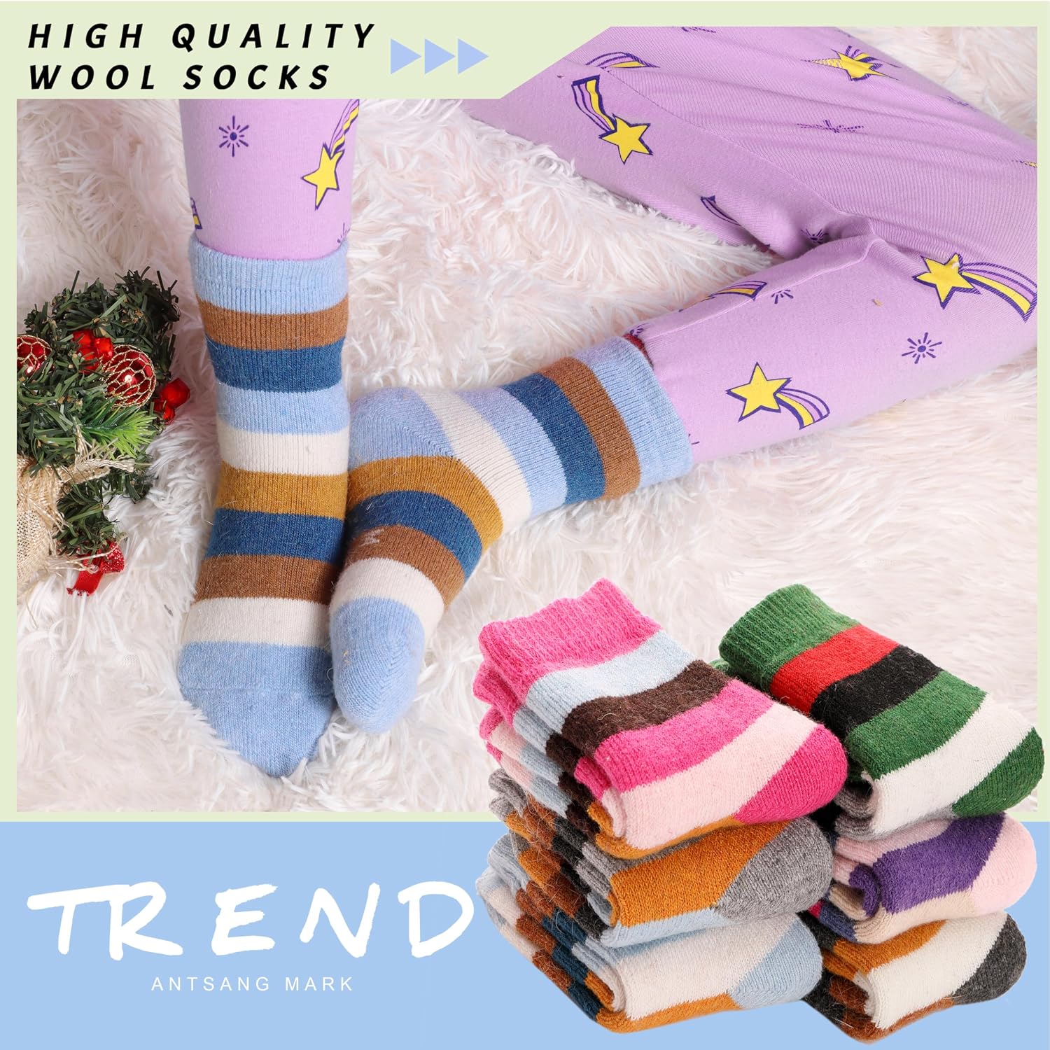 Detalle 1 de ANTSANG Kids Merino Wool Hiking Socks, 6 Pairs, Cushioned Crew Boot Socks