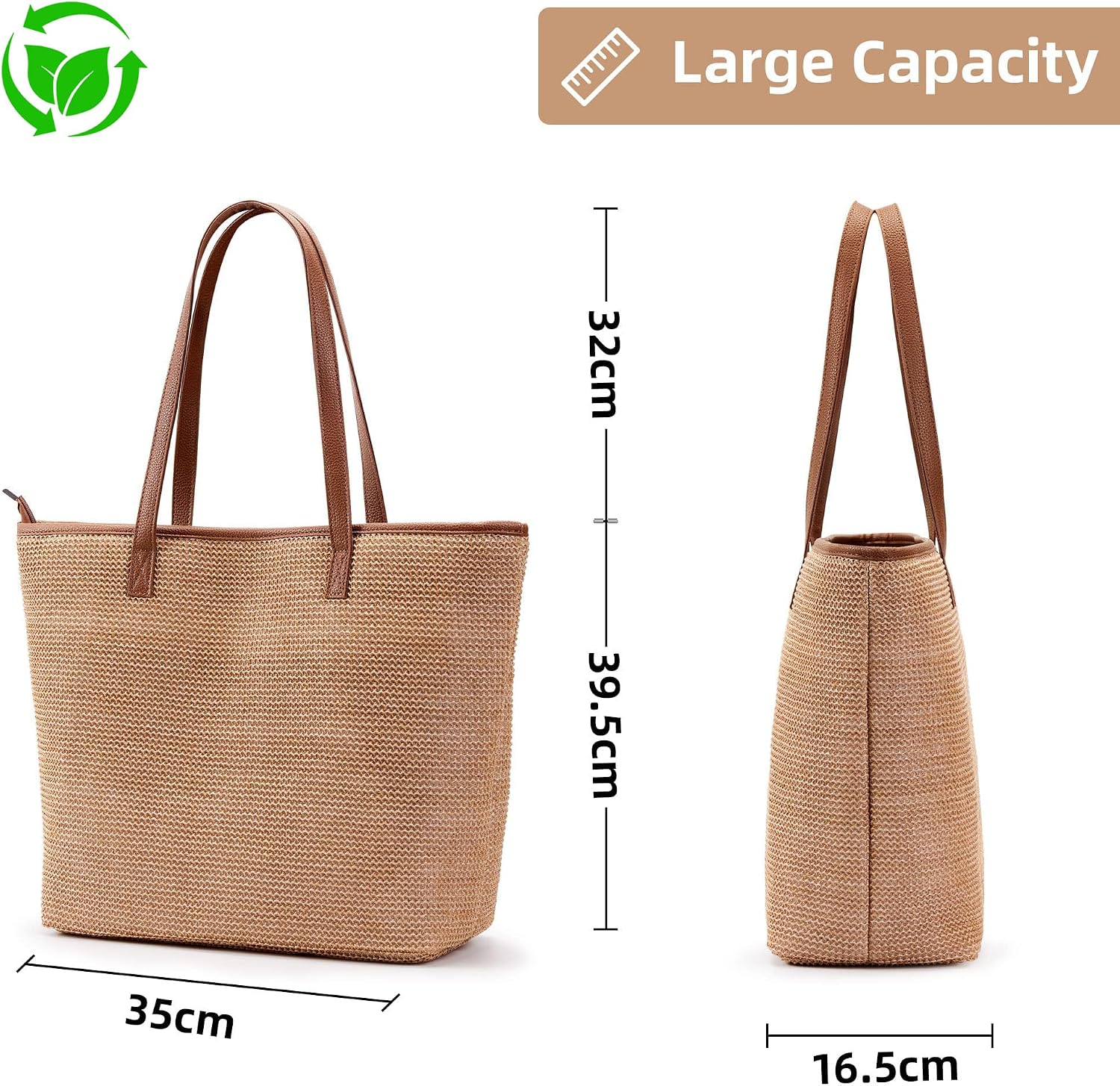 Thumbnail 4 de KALIDI Straw Tote Beach Bag: Striped Shoulder Handbag with PU Leather Handles