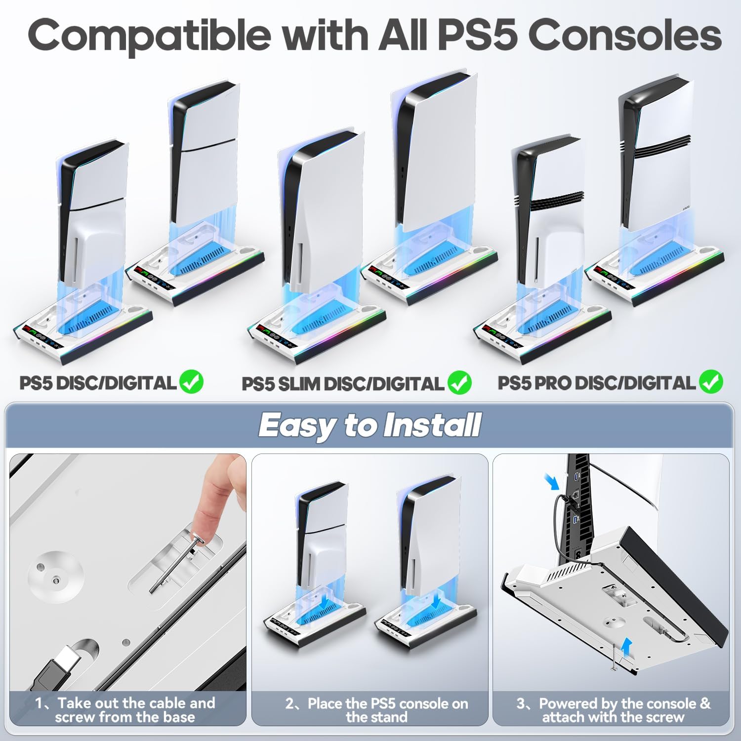 Thumbnail 1 de Tokluck PA5 Slim Pro Cooling Station for PS5: Auto Turbofan Cooling, 3-Speed Modes, Controller Charging Dock (White & Black)
