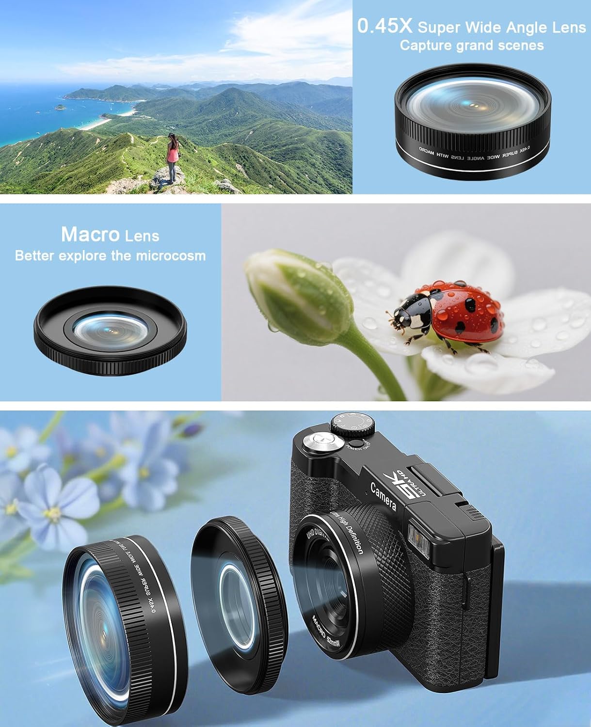 Thumbnail 4 de 5K Digitalkamera mit 64 MP, WLAN, 180°-Display und 2 Akkus – kompakte Foto- und Vlogging-Kamera für Einsteiger