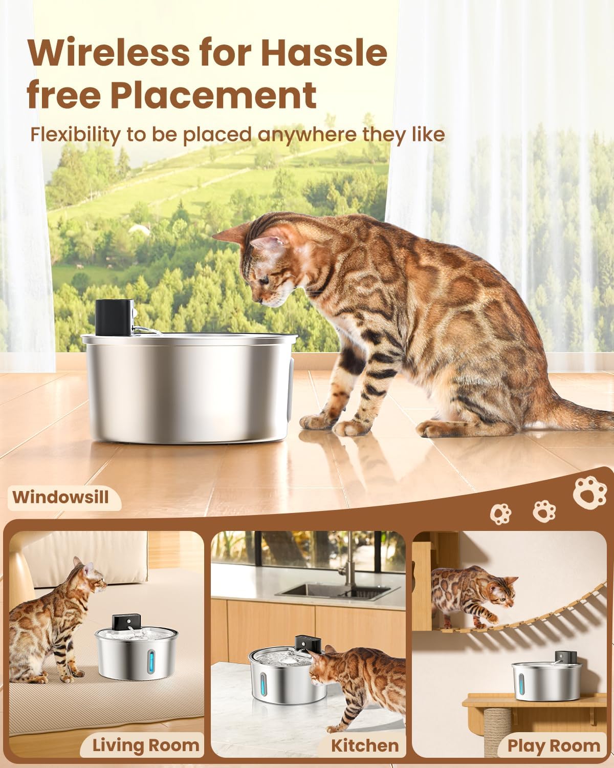 Thumbnail 1 de PawPoll Wireless Cat Water Fountain (3.2L) with Rechargeable Battery, Sensor Mode & 6 Filters