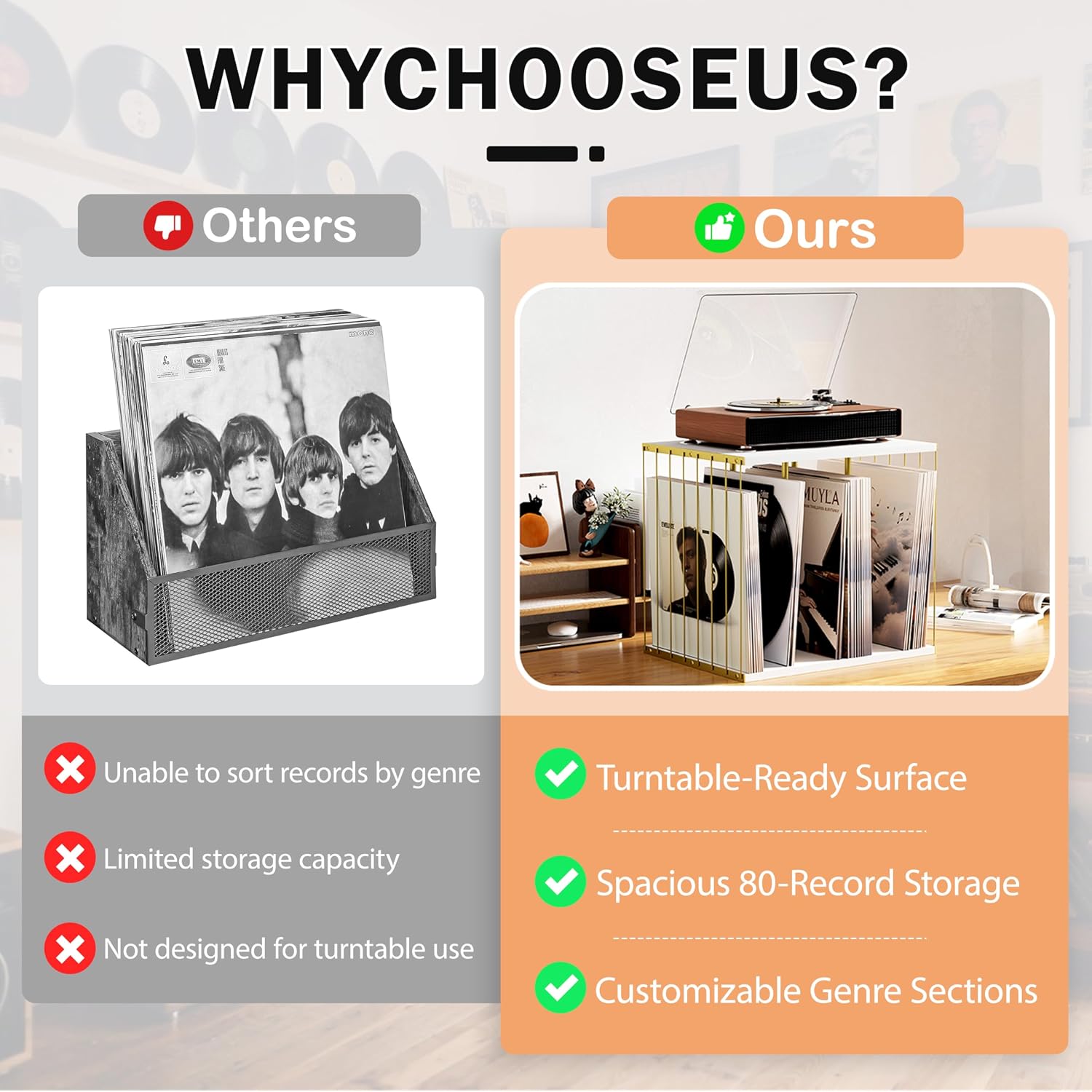 Detalle de Emfogoo Vinyl Record Storage cube stand (metal & industrial wood) for up to 80 LPs, white