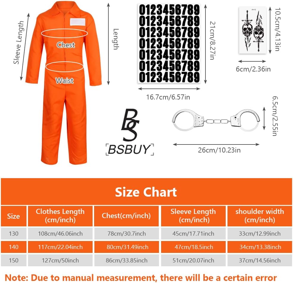 Detalle 2 de BSBUY 5133619 gevangenenkostuum voor kinderen, oranje overall met handboeien