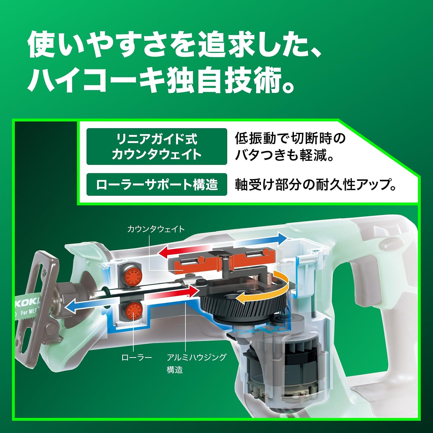 Detalle de HiKOKI CR36DMA 36V充電式セーバーソー 低振動・LEDライト・電池充電器付き