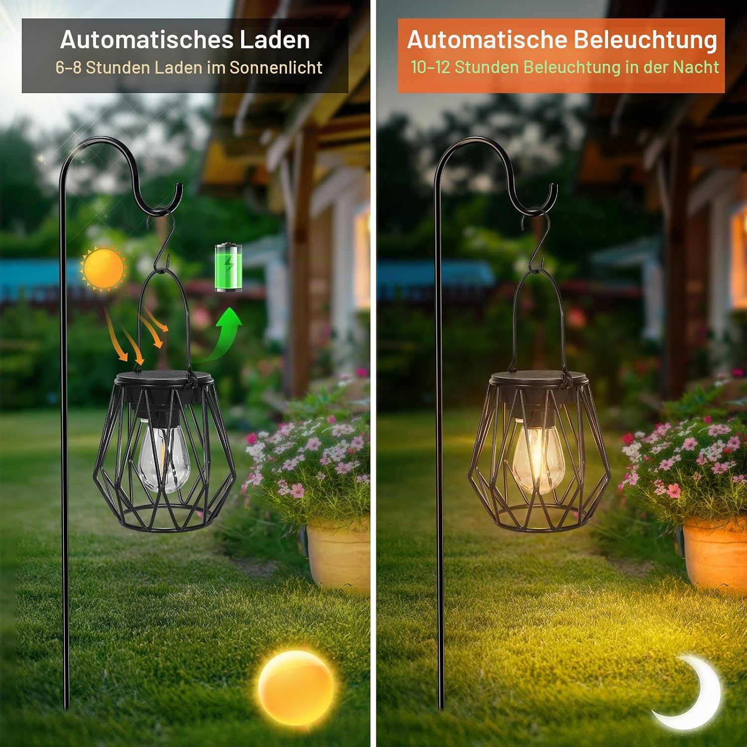 Detalle de Ketom 2er-Set Solar-Laternen für außen (hängend & stehend) IP65, Vintage, mit LED und Haken, schwarz