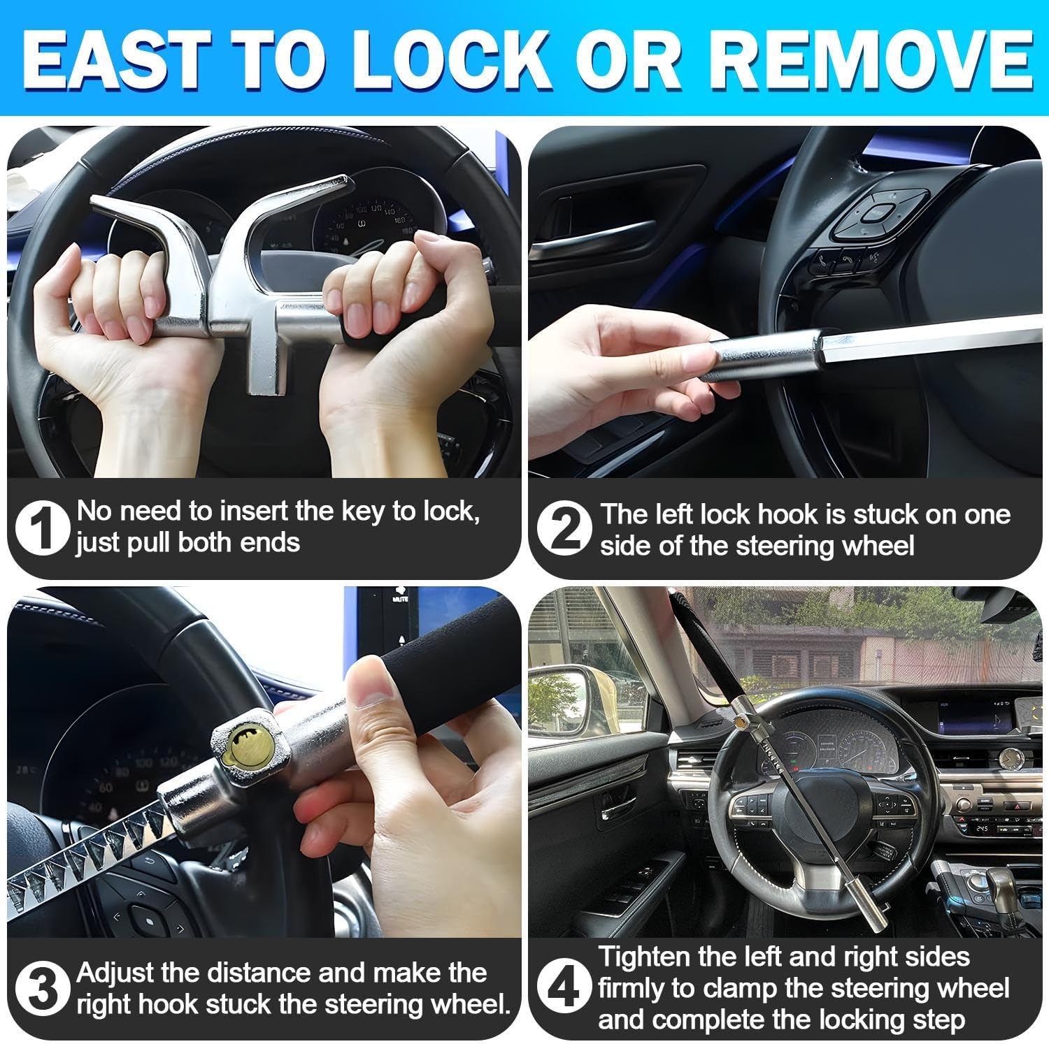 Detalle de MONOJOY Universal Steering Wheel Lock (Adjustable 6.6–12.8 in) with Safety Hammer, Heavy-Duty Anti-Theft for Car, Truck, SUV, Van