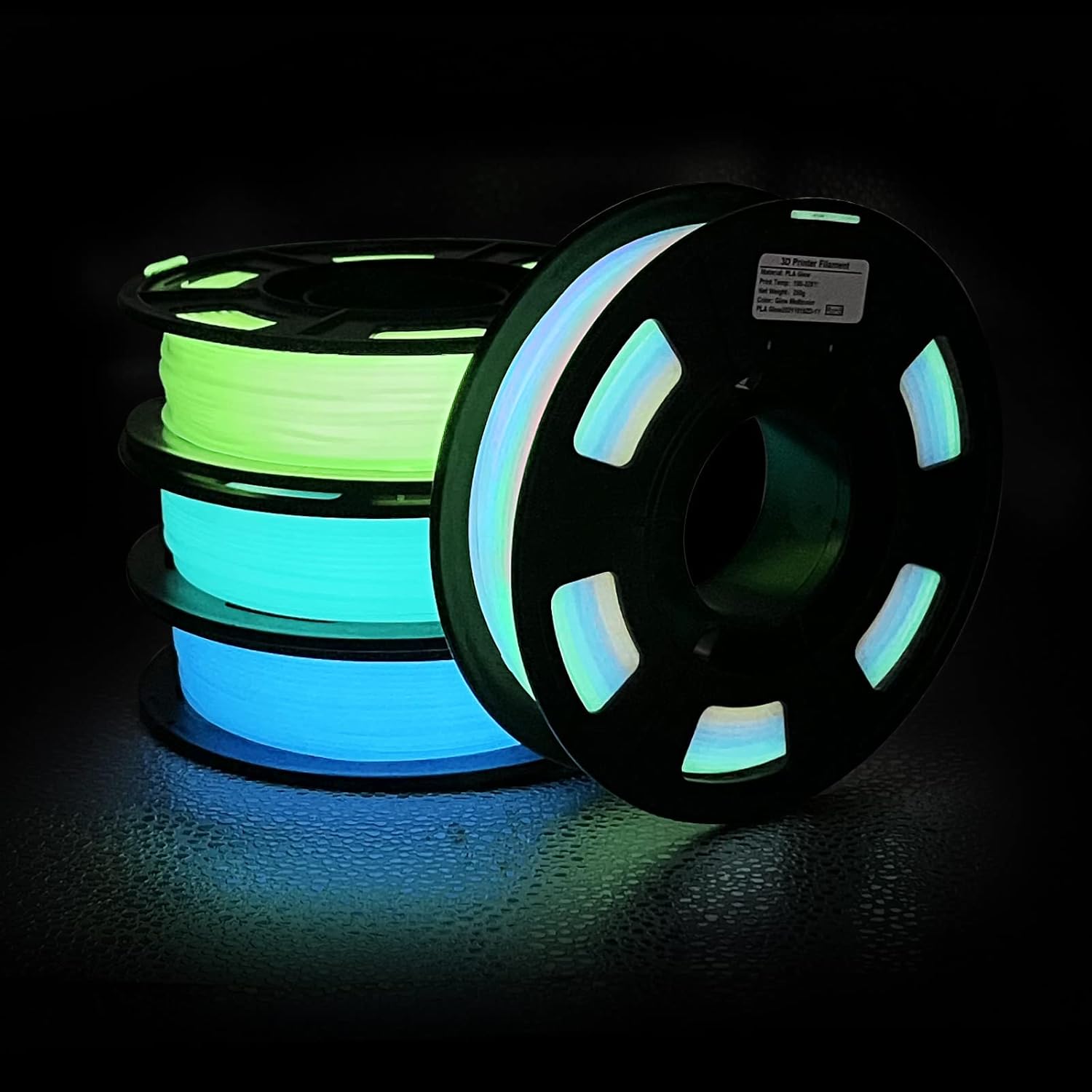 Detalle 2 de iSANMATE Glow PLA 1,75 mm Bundle (4 Spulen) – Glow-in-the-Dark Filament in Grün, Blau, Rainbow