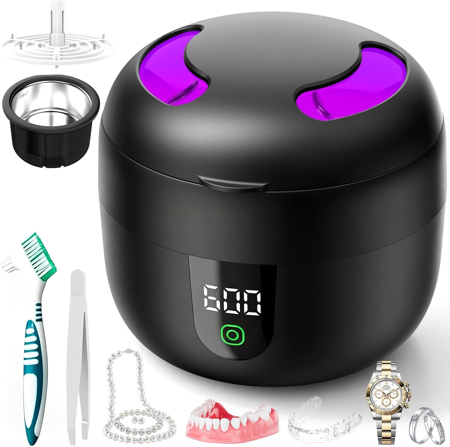 Ultrasonic Retainer Cleaner with 45kHz Cleaning, 4 UV-C Lamps and Removable Tank