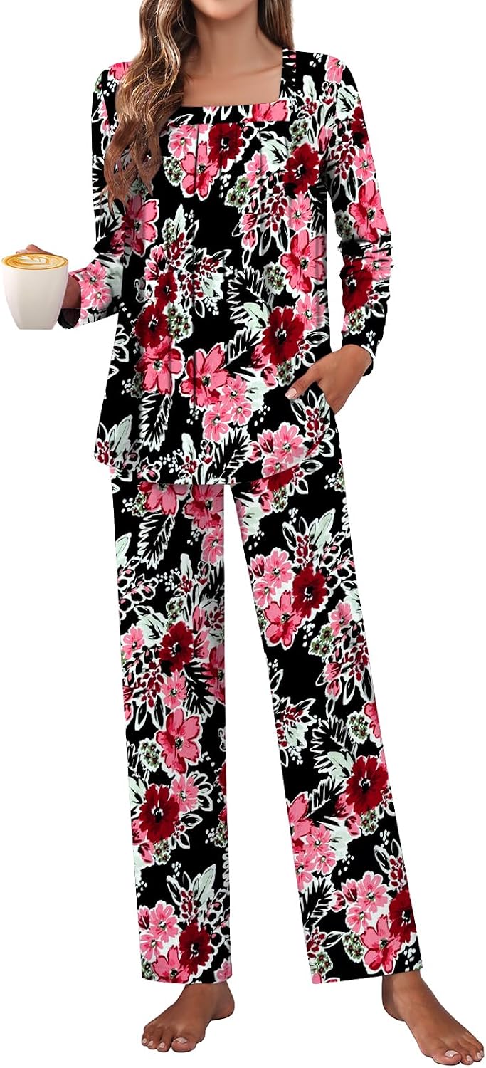 Detalle de Tencede Women's Pajama Set with Square Neck, Long Sleeves and Pockets