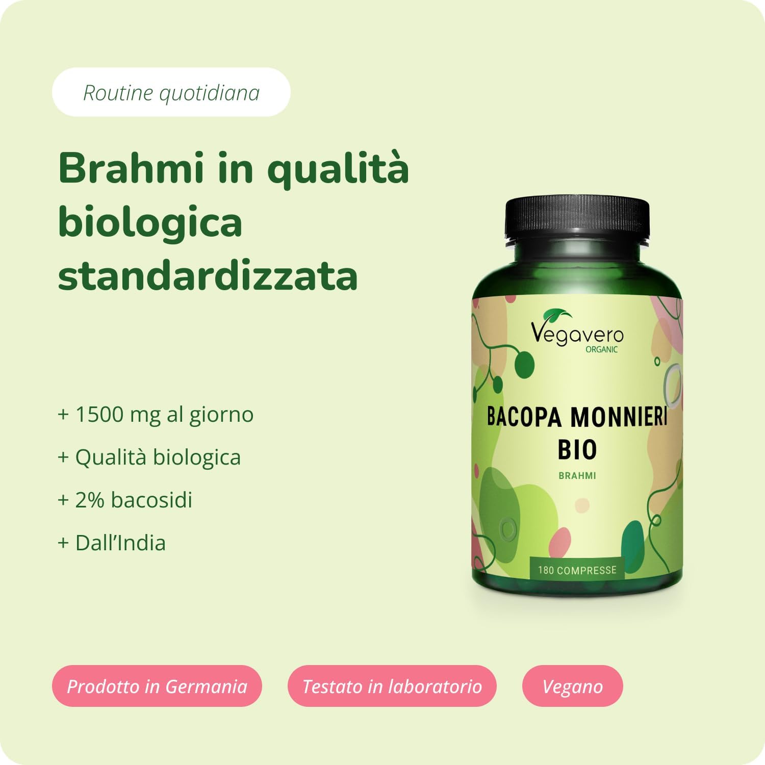 Detalle de BACOPA MONNIERI BIO Vegavero® 750 mg – Brahmi bio nootropico, 180 compresse vegane