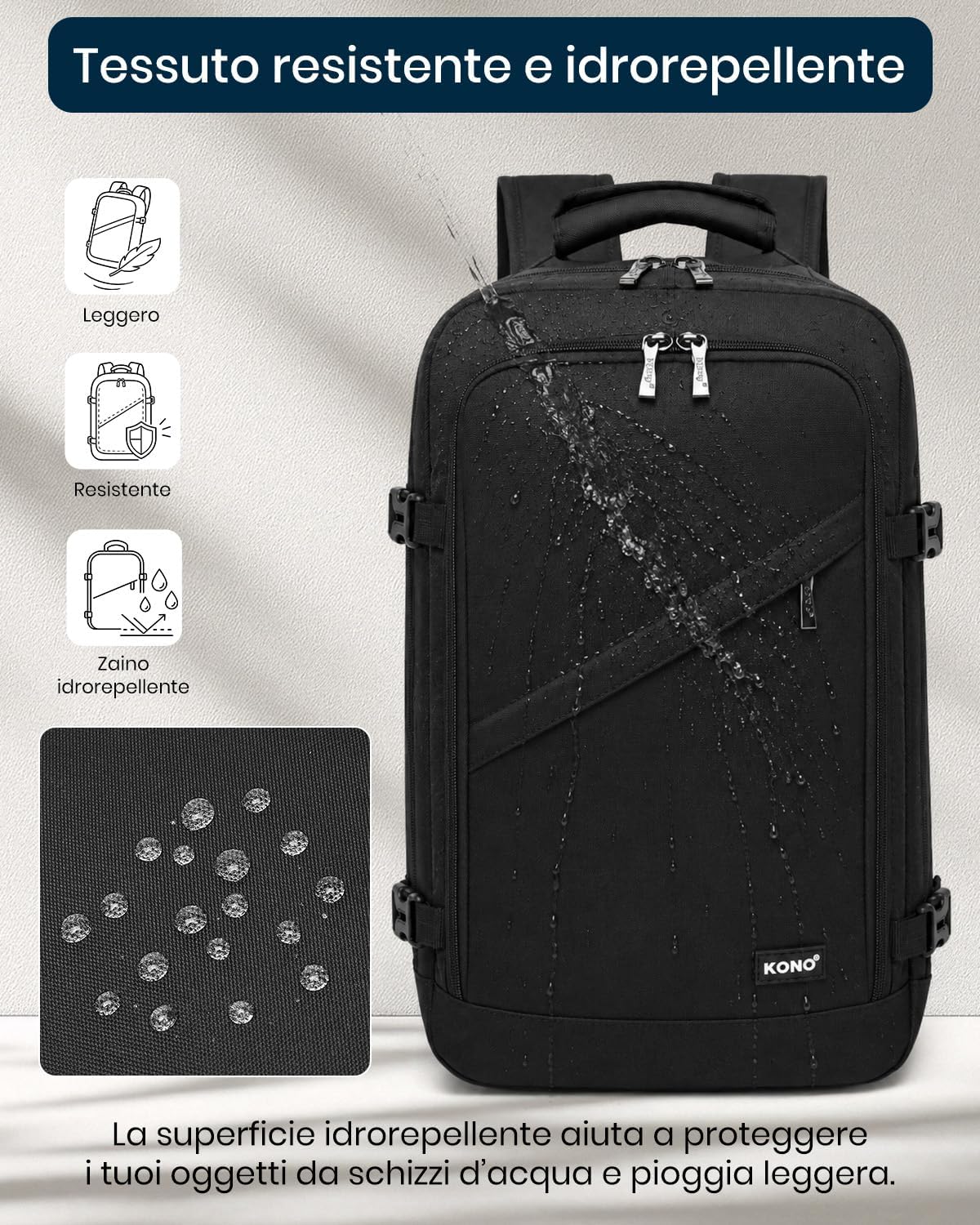 Detalle de KONO Zaino Ryanair 40x20x25: zaino da viaggio 40x20x25 cm con apertura 180° e tasca frontale nascosta