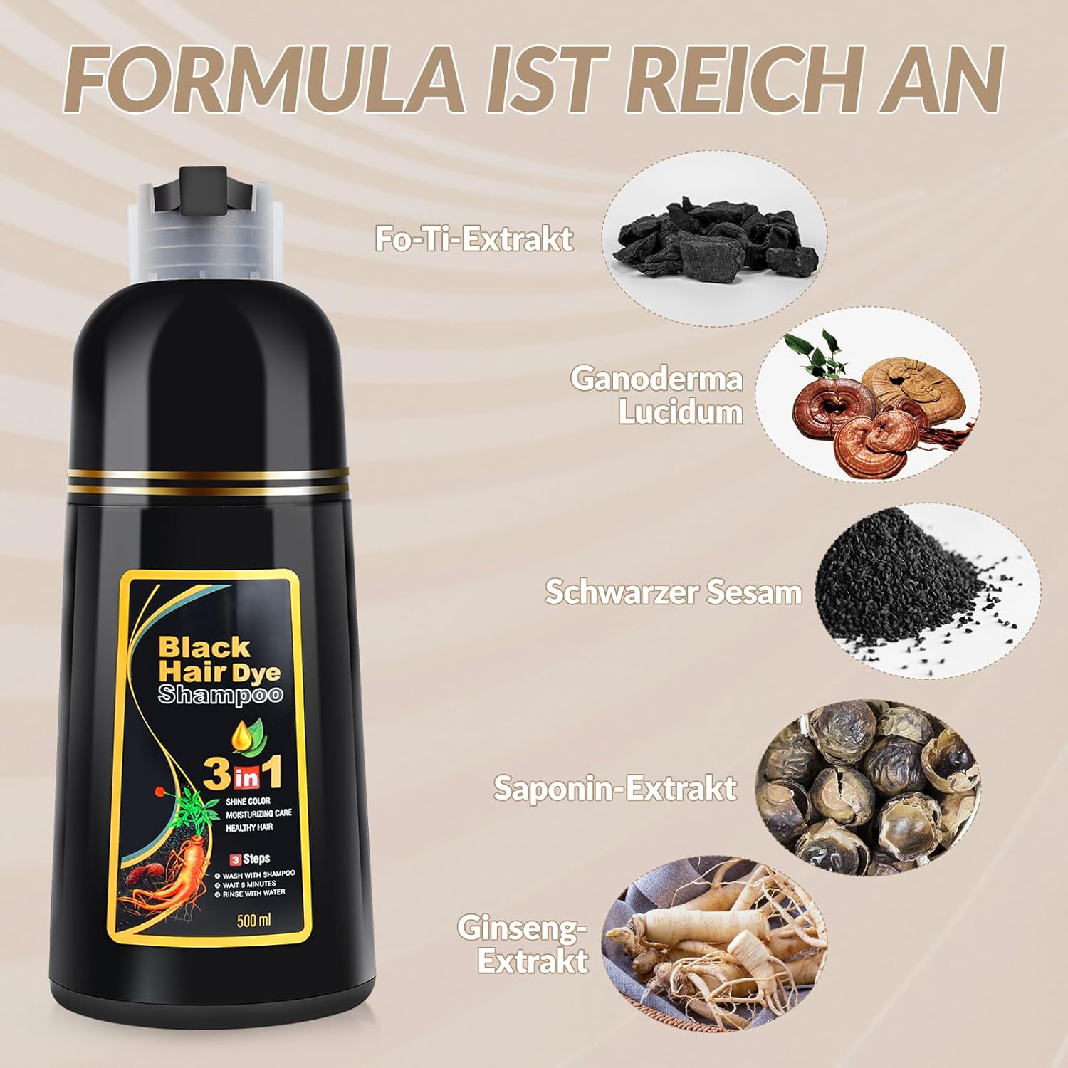 Thumbnail 3 de Black Hair Dye Shampoo 3-in-1 – schwarzes Haarfärbeshampoo mit Ginseng-Extrakt (500 ml)