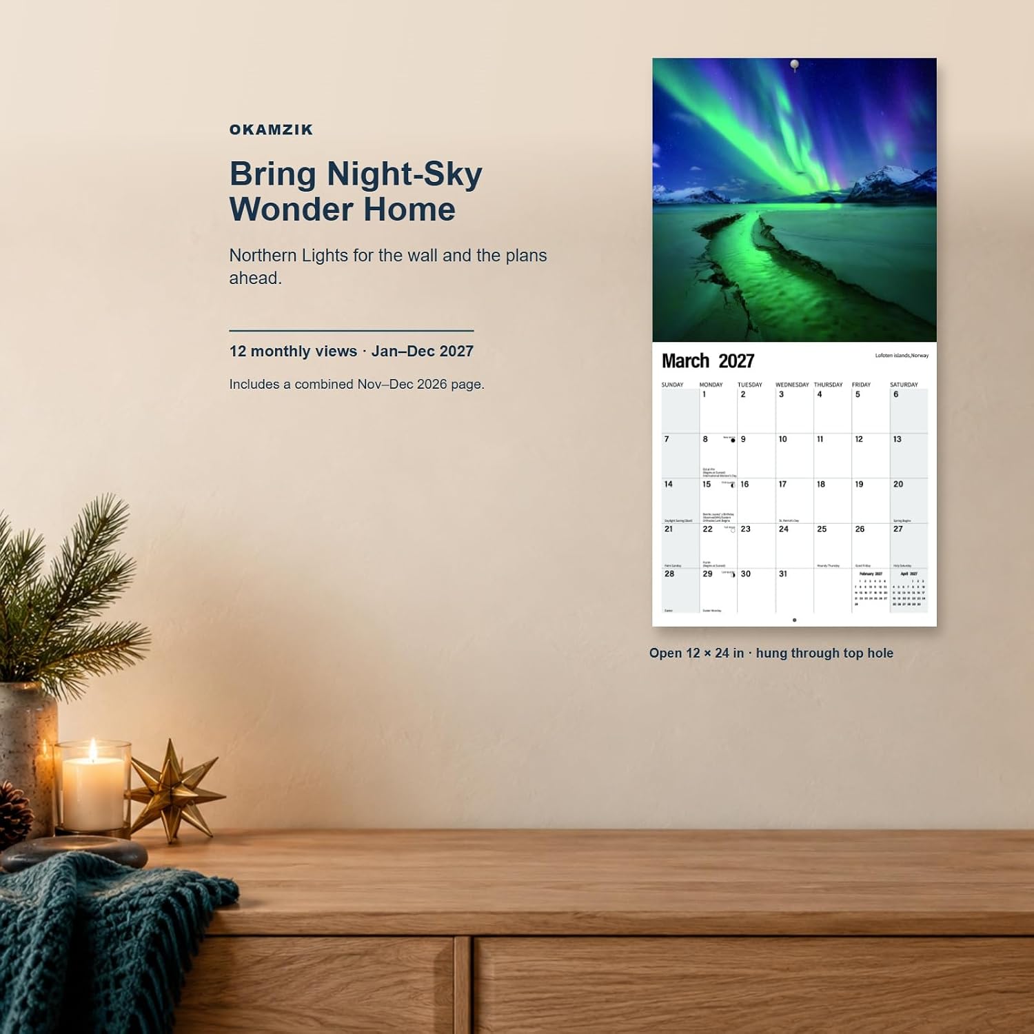Detalle 2 de OKAMZIK O-AURORA 2027 Wall Calendar, 12" x 24" with Large Writing Blocks