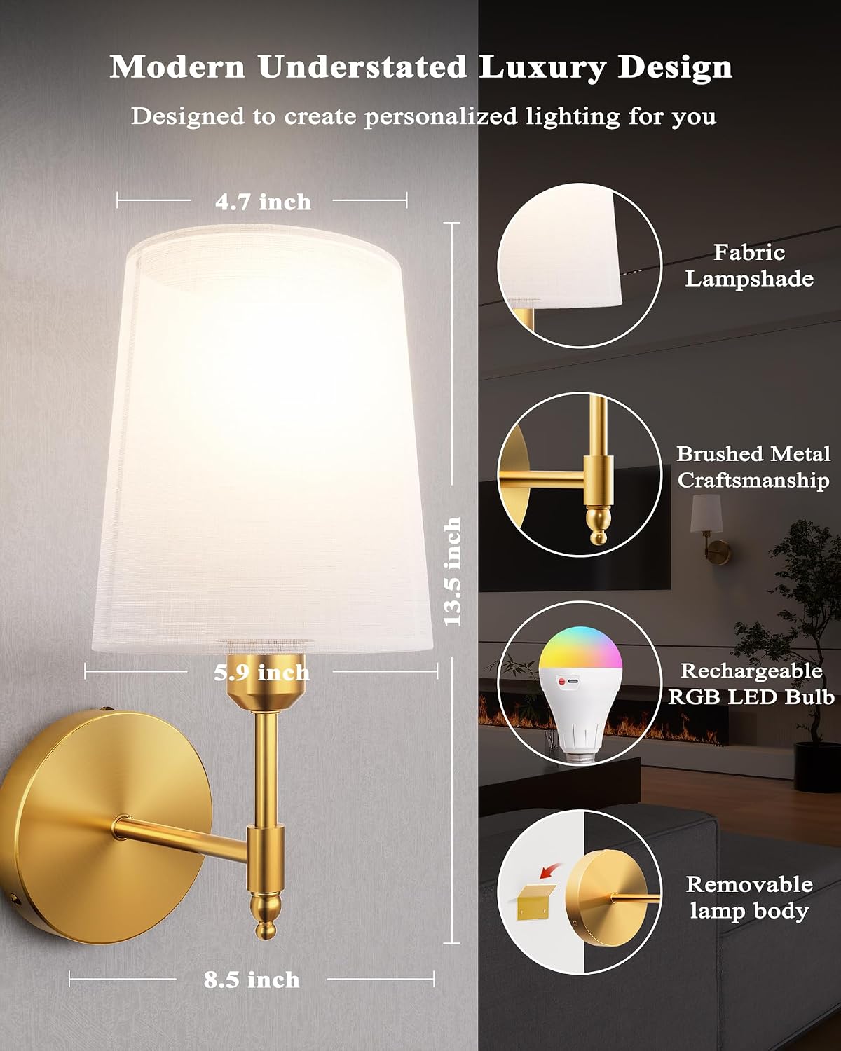Thumbnail 4 de Ouyulong WS-01 Rechargeable Wall Sconces, Set of 2, Gold with RGB Bulbs