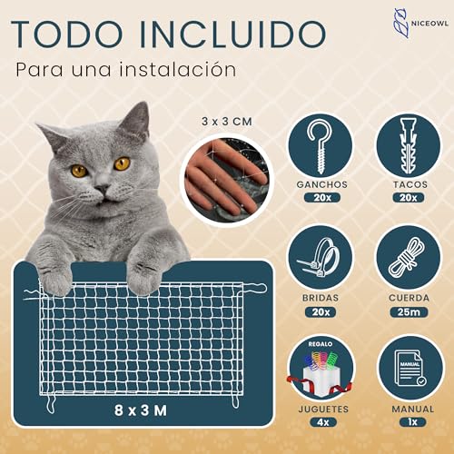 Detalle de NICEOWL Red para Gatos Terraza 8x3m Transparente – Seguridad y Visibilidad sin Complicaciones
