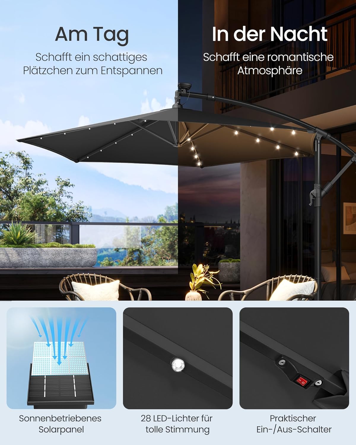 Detalle de SONGMICS Ampelschirm mit LED-Solar-Beleuchtung, 300 cm Durchmesser, Grau – GPU118G01
