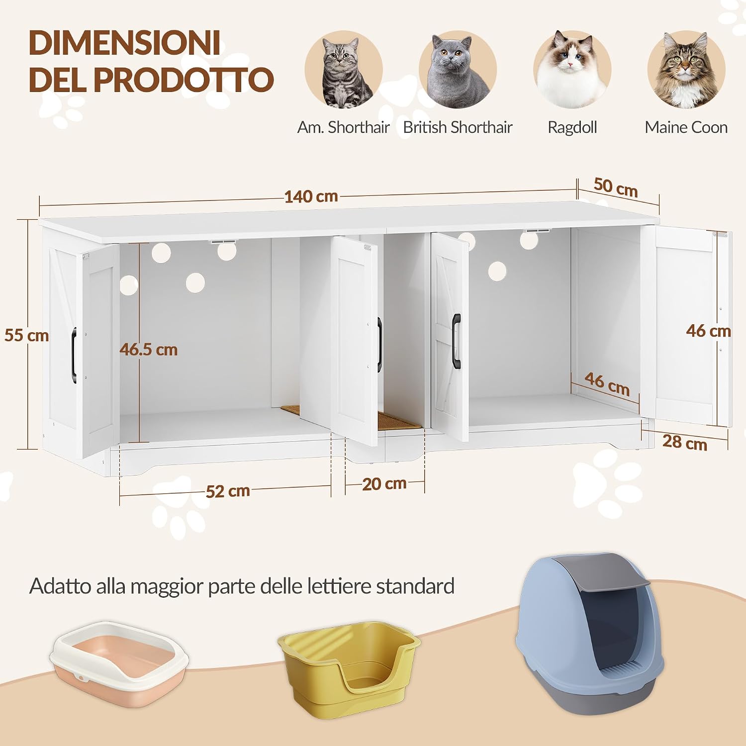 Detalle de Fobyfurny Mobile Lettiera per Gatti a Due Posti con Mobiletto Nascosto e Tappetino Graffiante (Bianco, 140 x 50 x 55 cm) – Versatile e Discreto