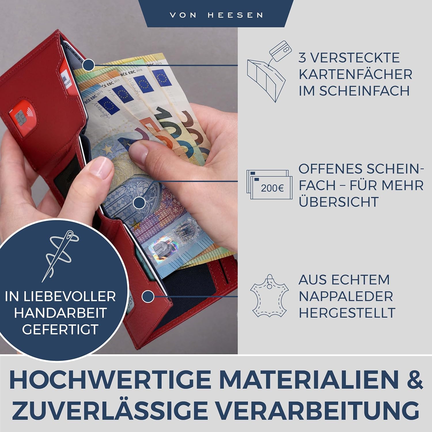 Thumbnail 3 de VON HEESEN Slim Wallet mit Münzfach & RFID-Schutz – Minimalistisches Kartenetui aus Nappa-Leder