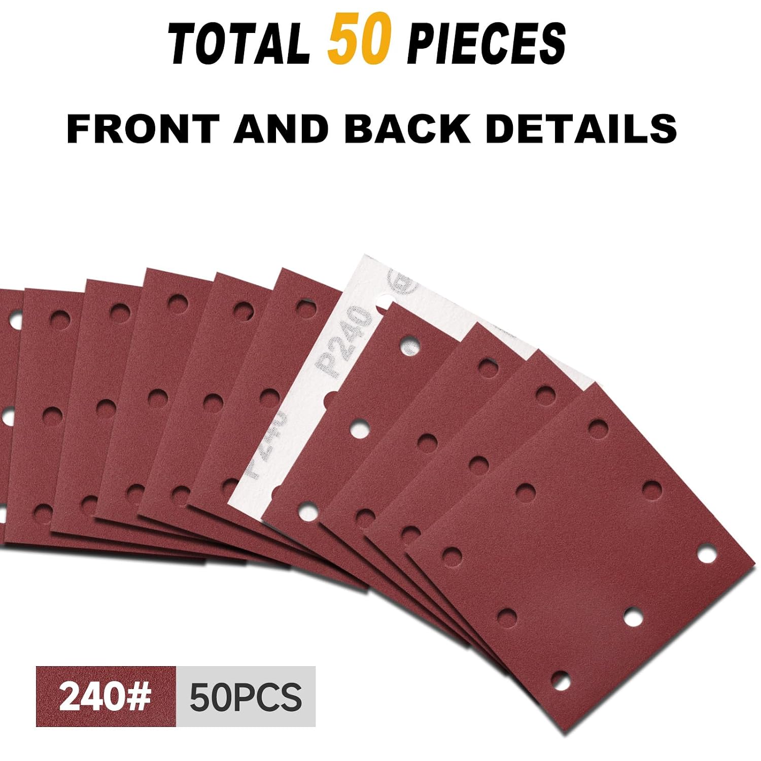 Detalle de Sruhrak 110x115mm Sandpaper – 50 Sheets, 240 Grit, Hook-and-Loop, 8-Hole Design